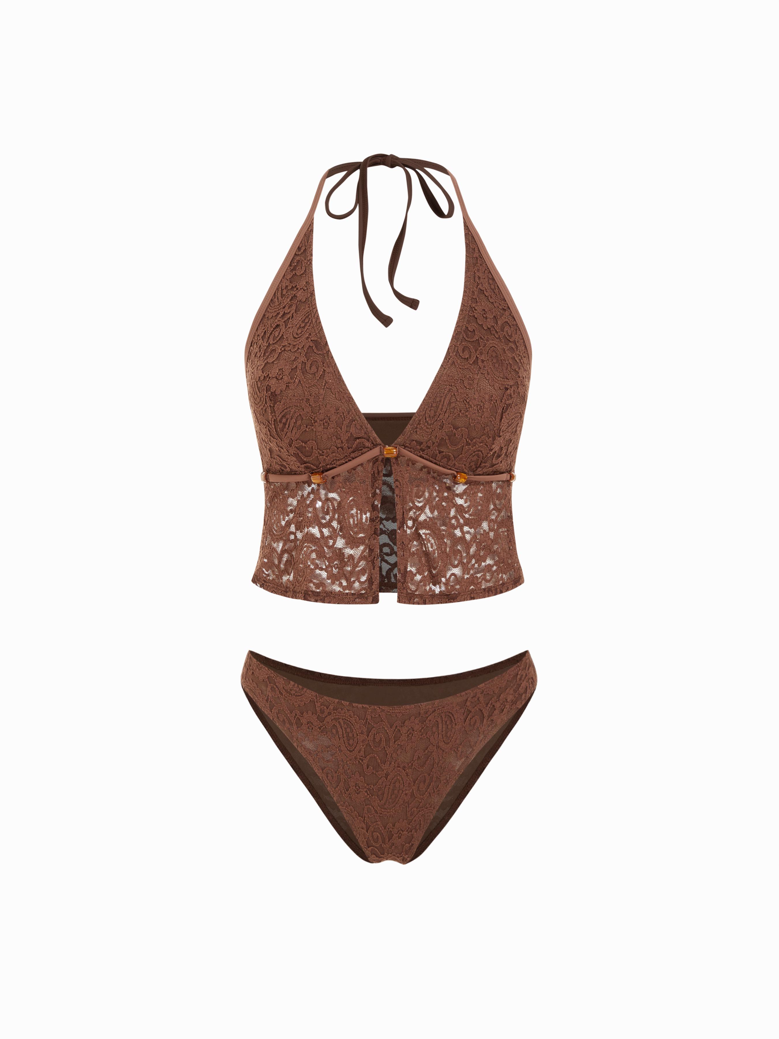 Lace Halter Neckline Floral Cheeky Bikini Set With Beaded Detail by CIDER