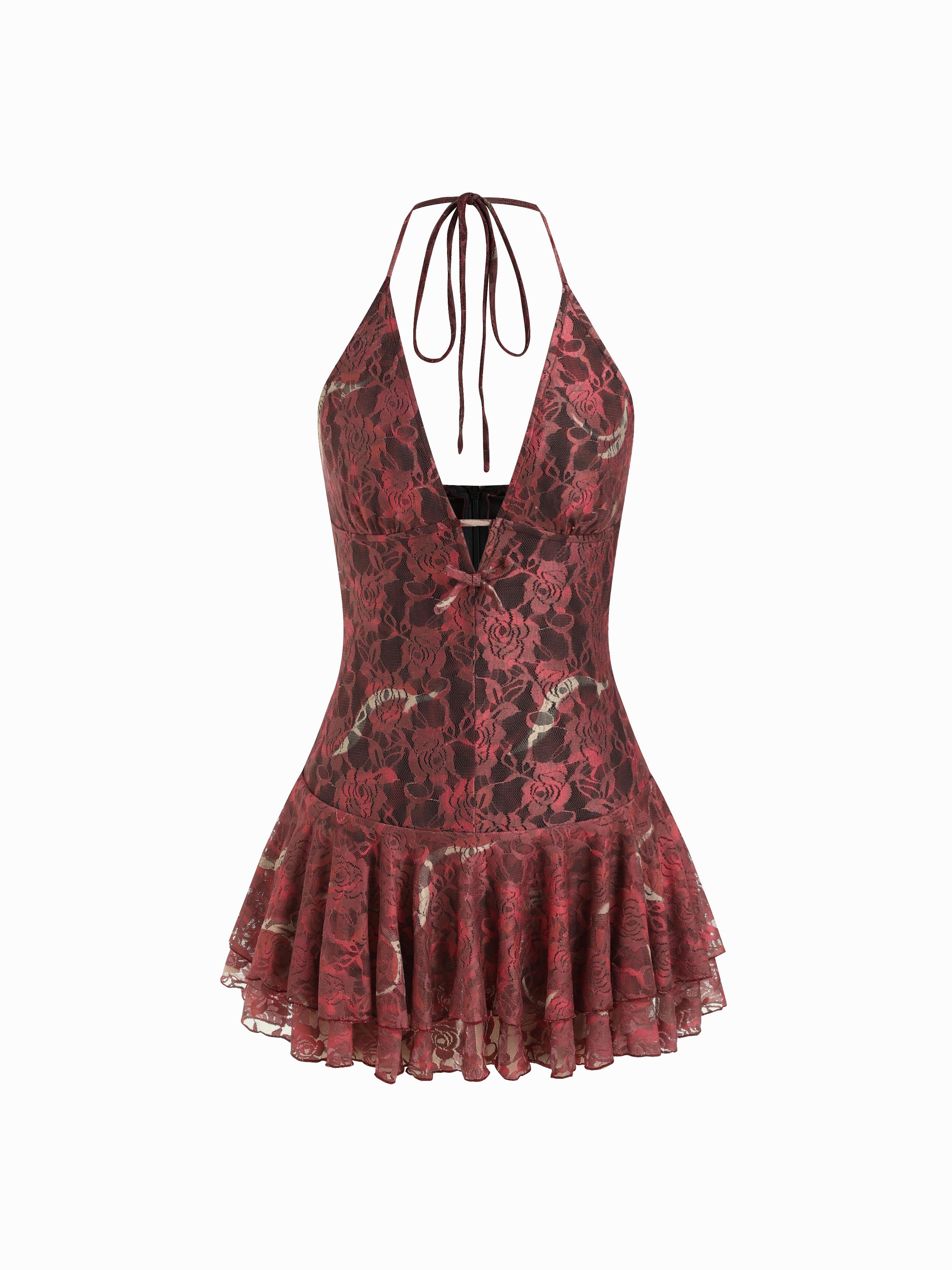 Lace Halter Neckline Floral Layered Mini Dress by CIDER