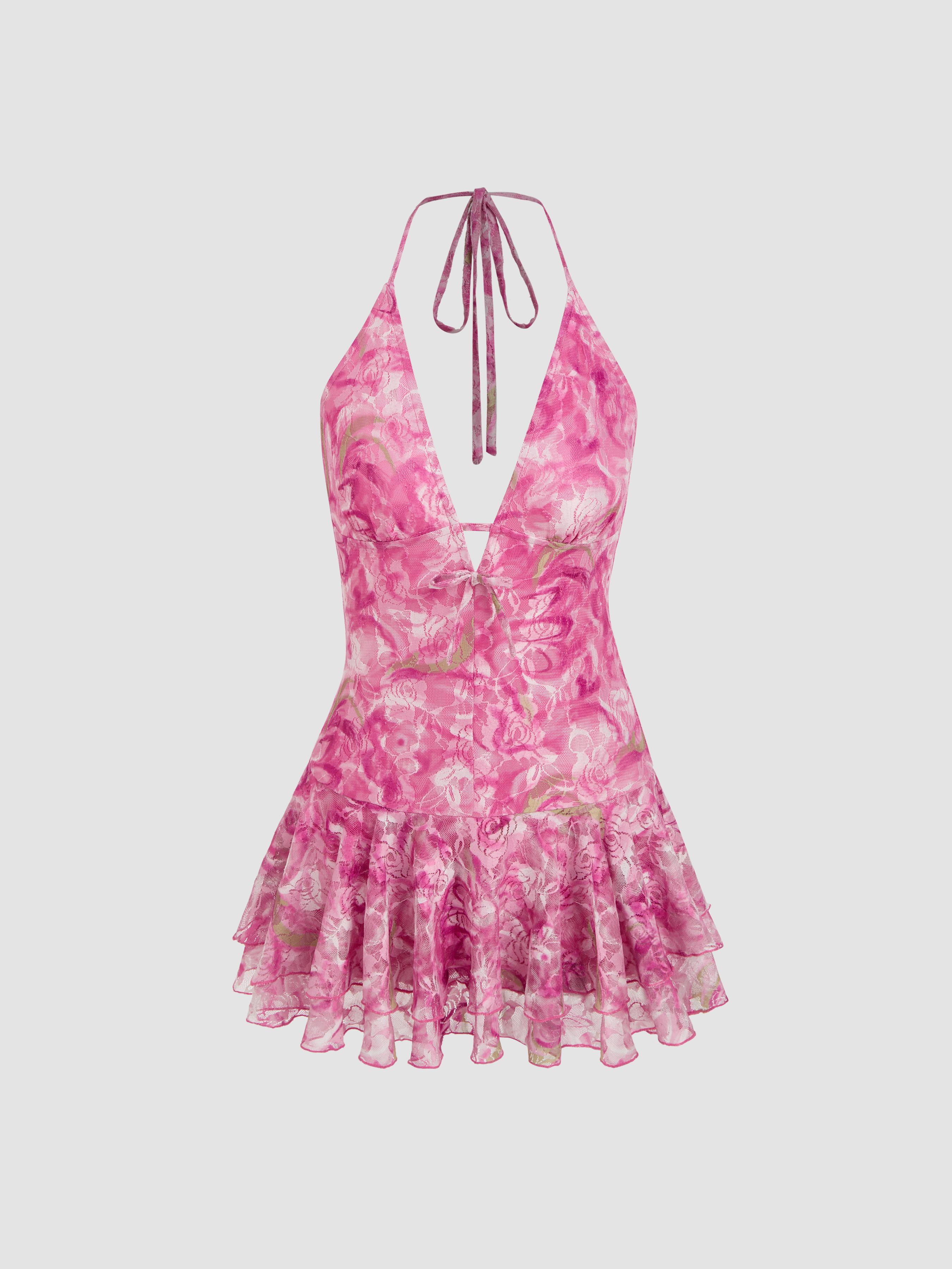 Lace Halter Neckline Floral Layered Mini Dress by CIDER