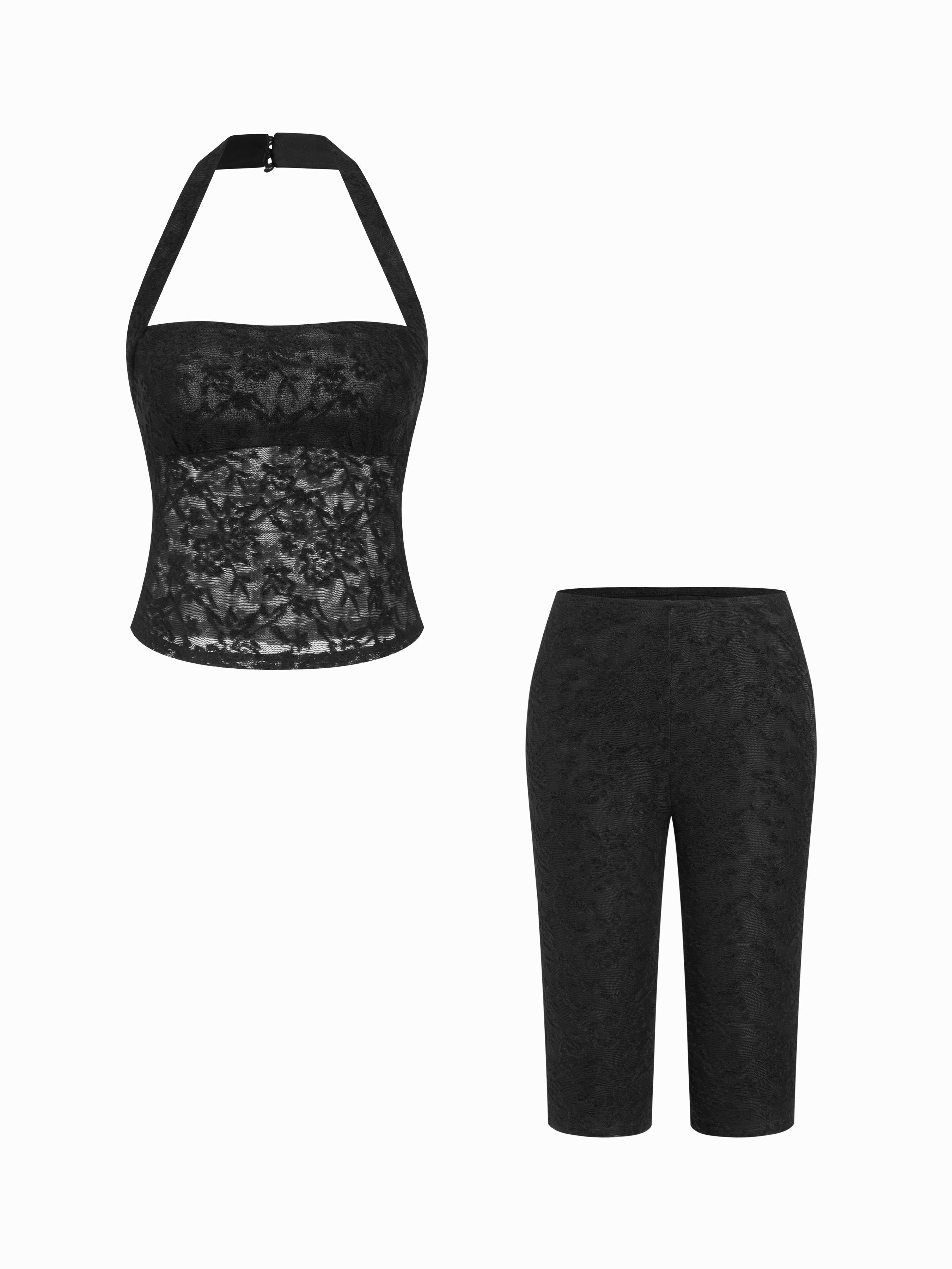 Lace Halter Neckline Sleeveless Top & Lace Bermuda Shorts Set by CIDER