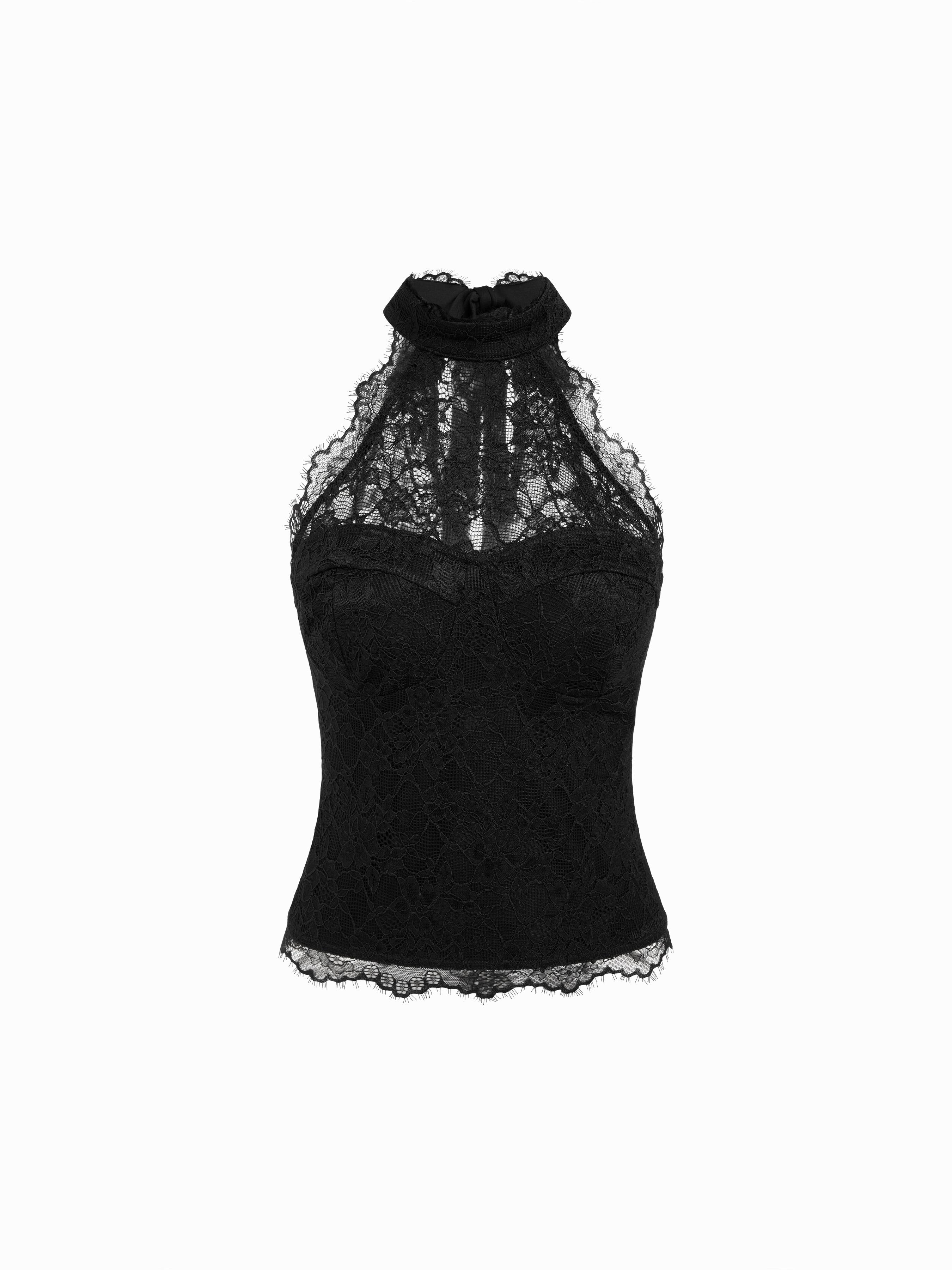 Lace Halter Neckline Tie Back Top by CIDER