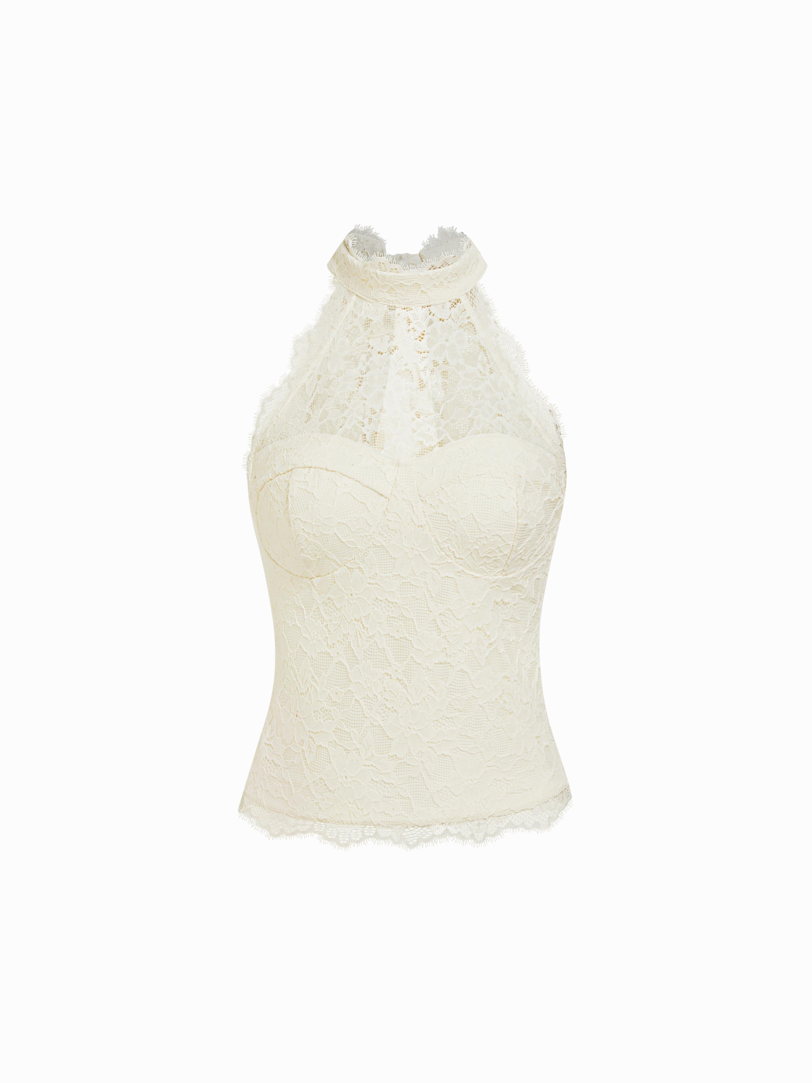Lace Halter Neckline Tie Back Top by CIDER