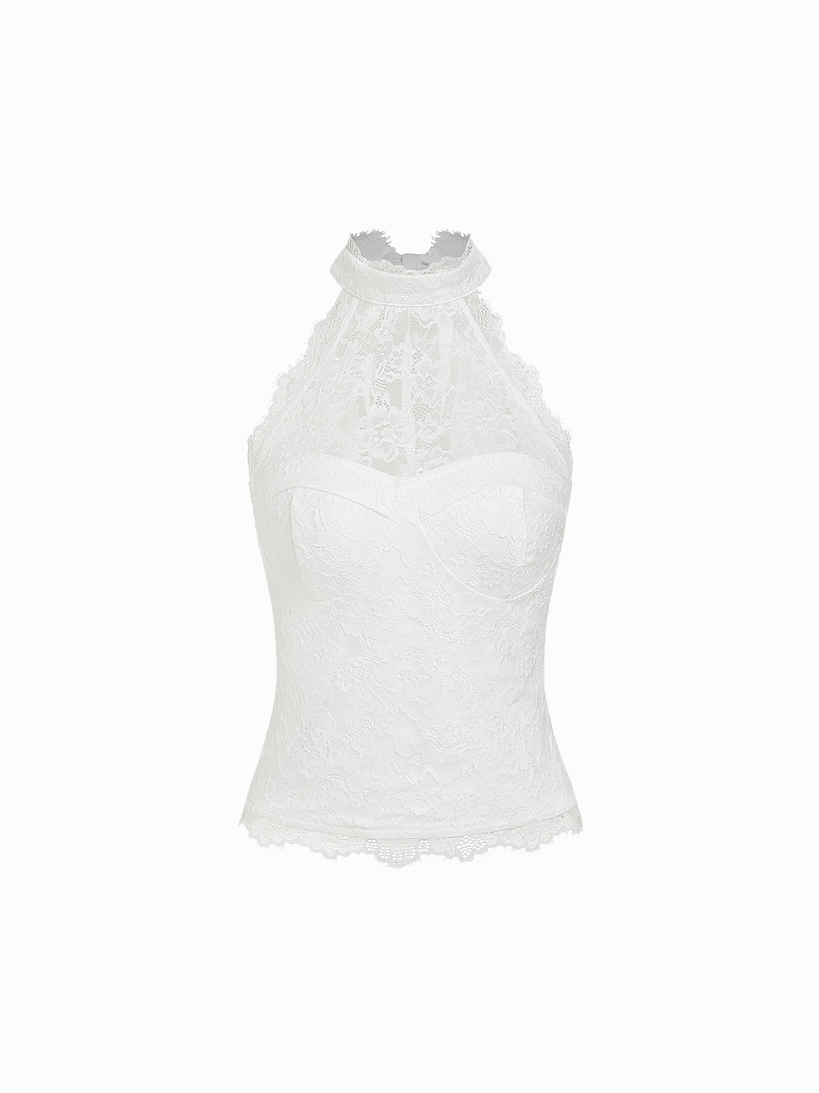 Lace Halter Neckline Tie Back Top by CIDER