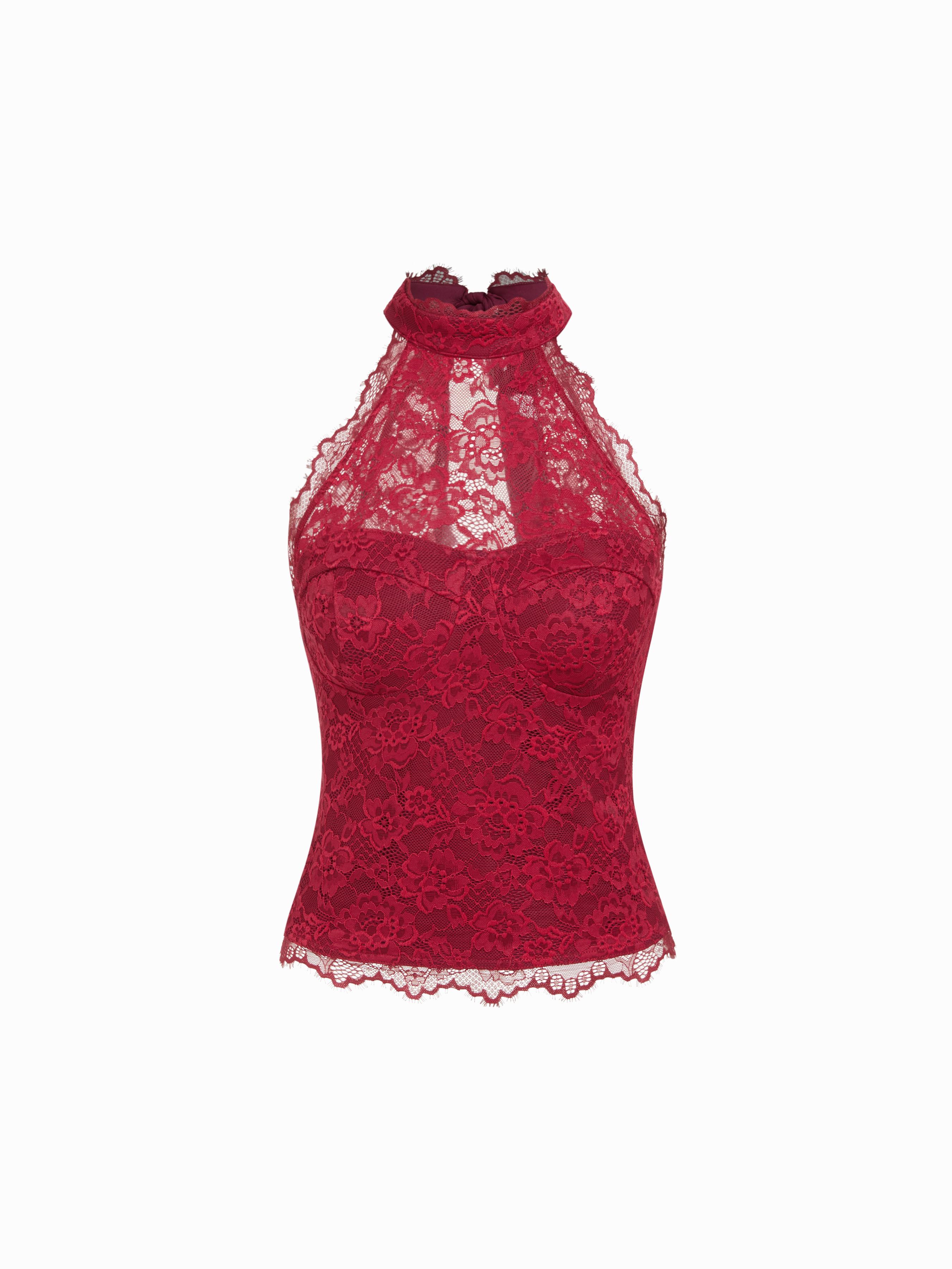 Lace Halter Neckline Tie Back Top by CIDER