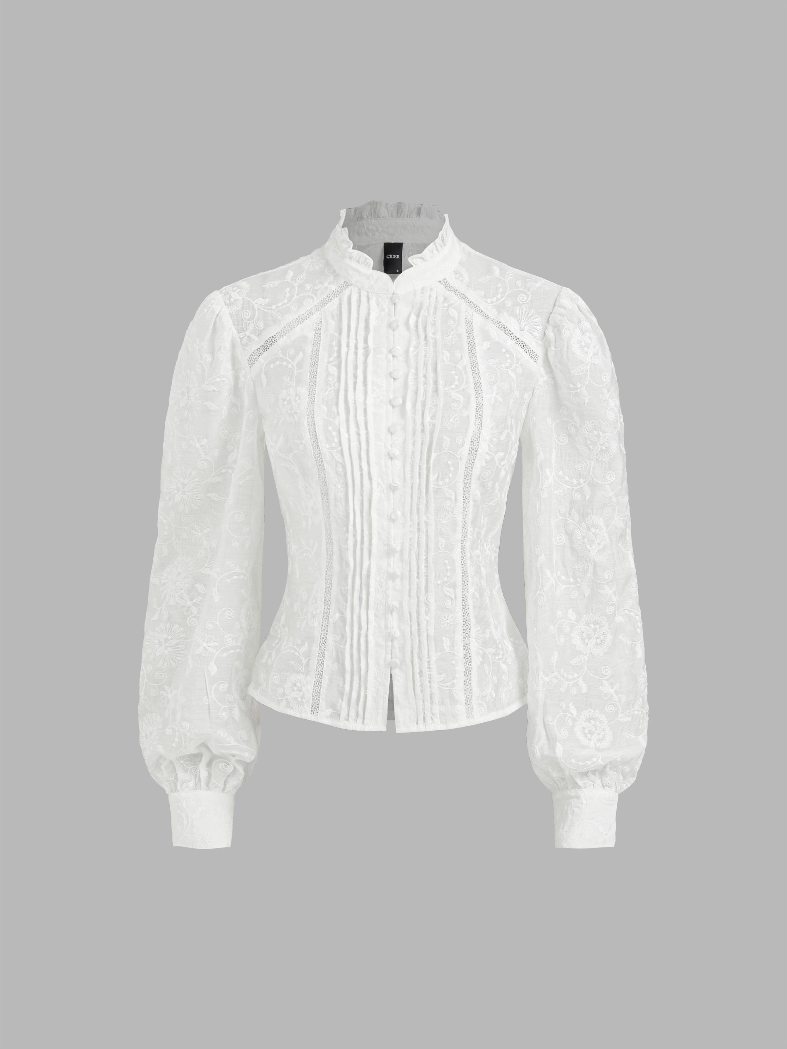 Lace High Neck Embroidery Blouse by CIDER