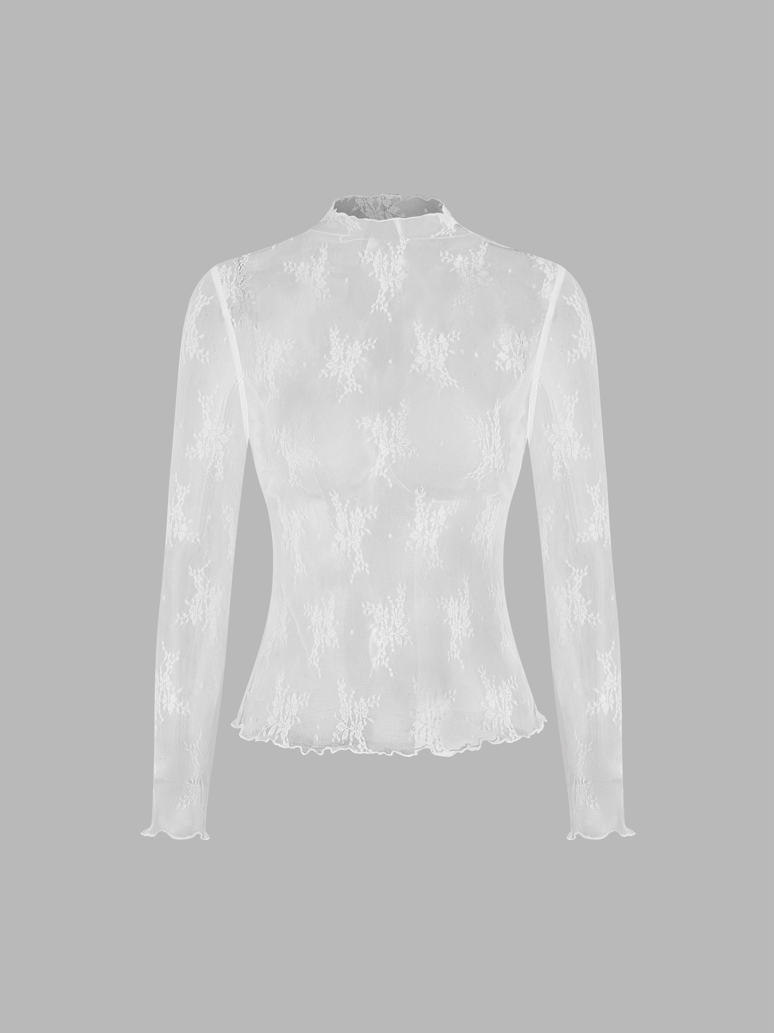 Lace High Neck Lace Long Sleeve Top by CIDER