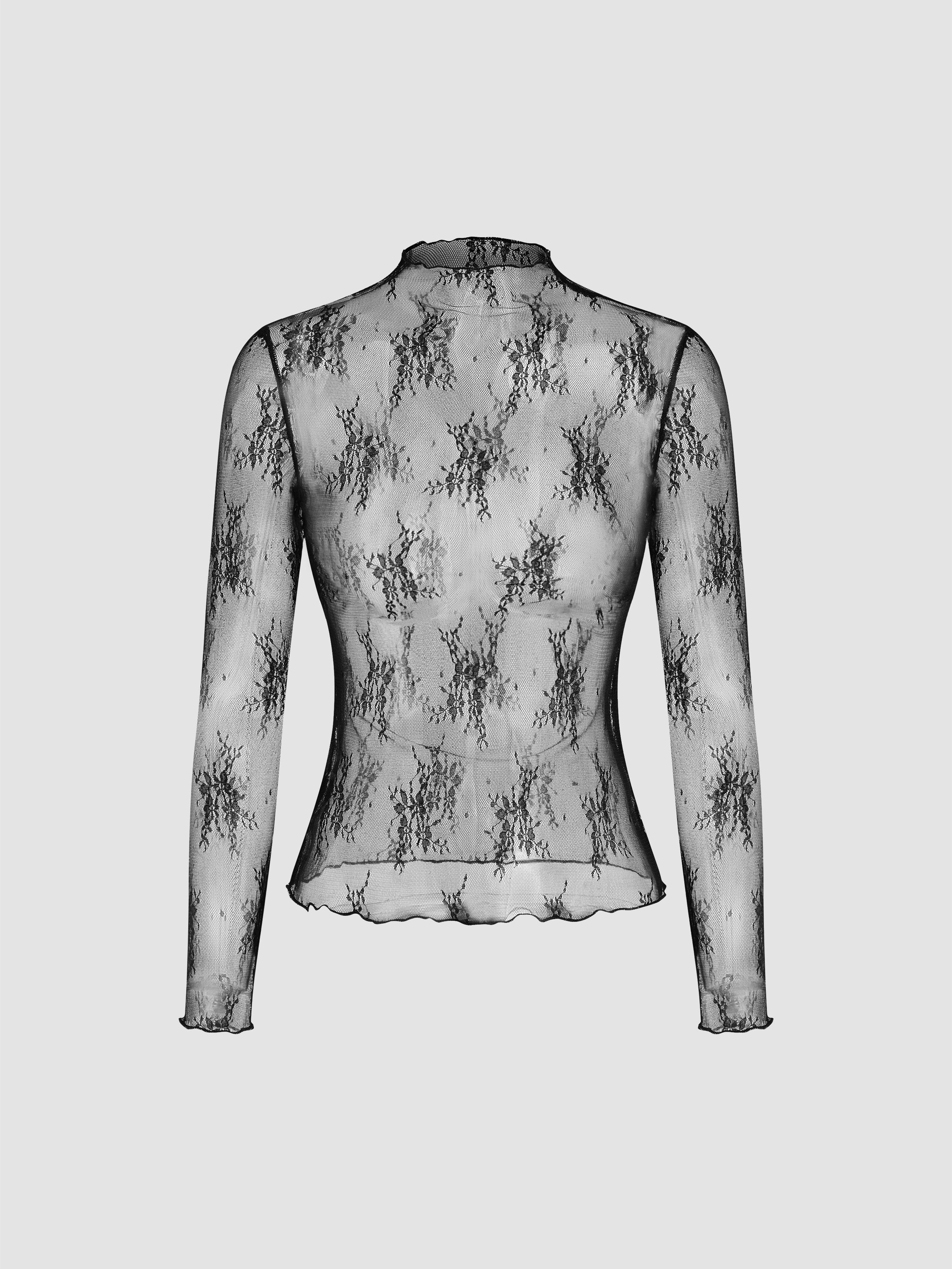 Lace High Neck Lace Long Sleeve Top by CIDER