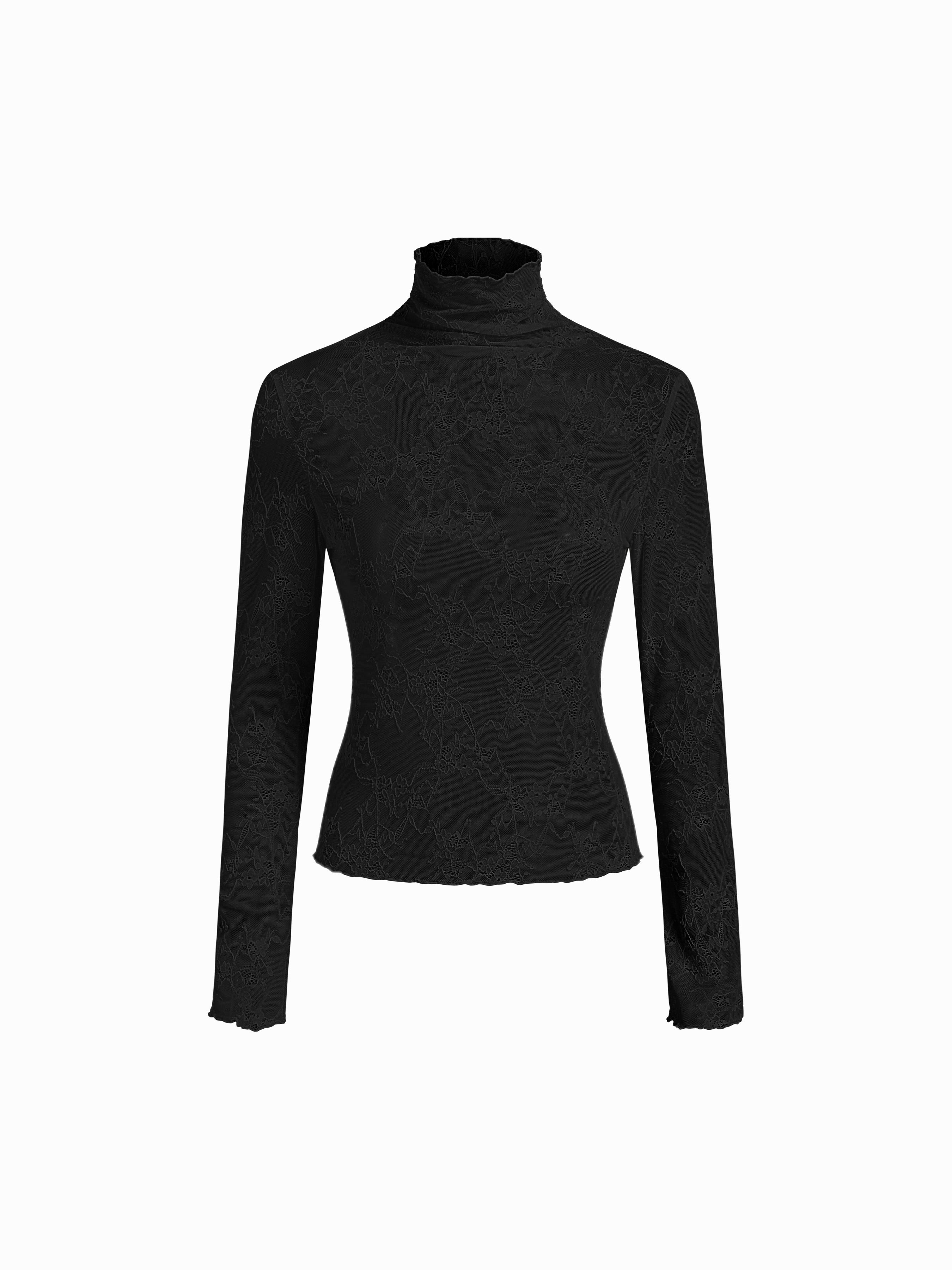 Lace High Neck Long Sleeve Lettuce Trim See-through Top by CIDER