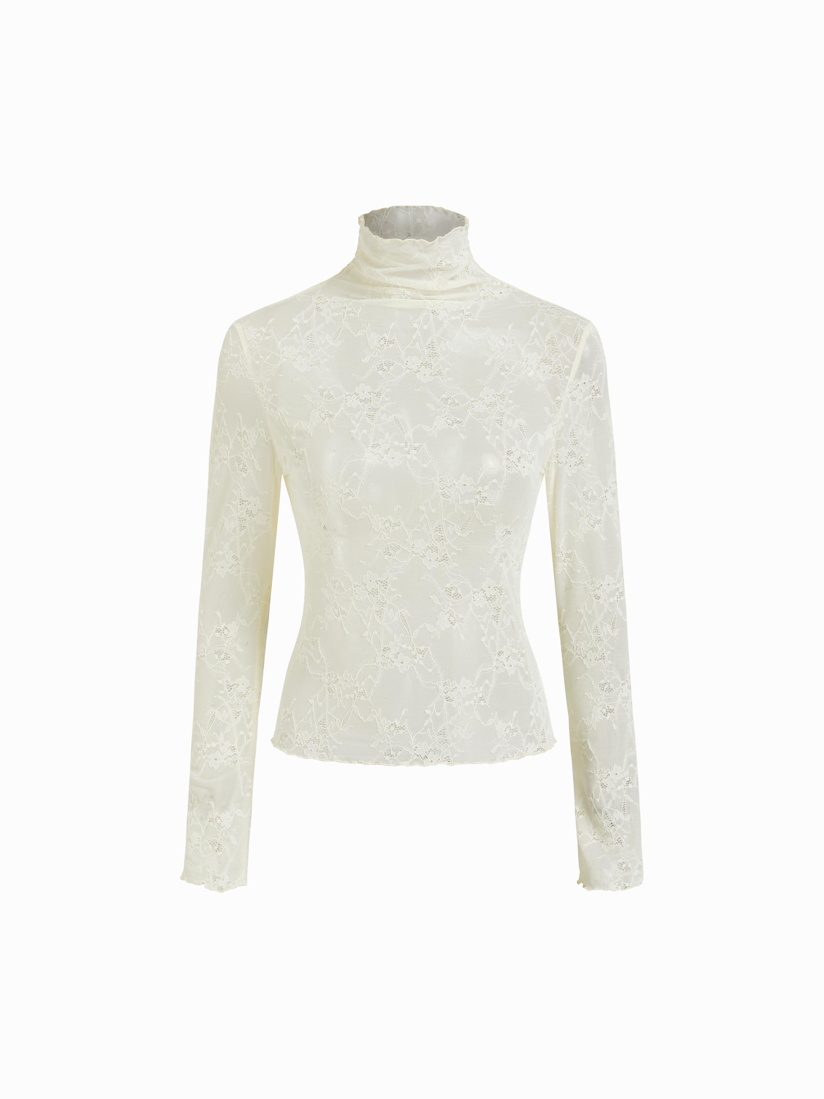 Lace High Neck Long Sleeve Lettuce Trim See-through Top by CIDER
