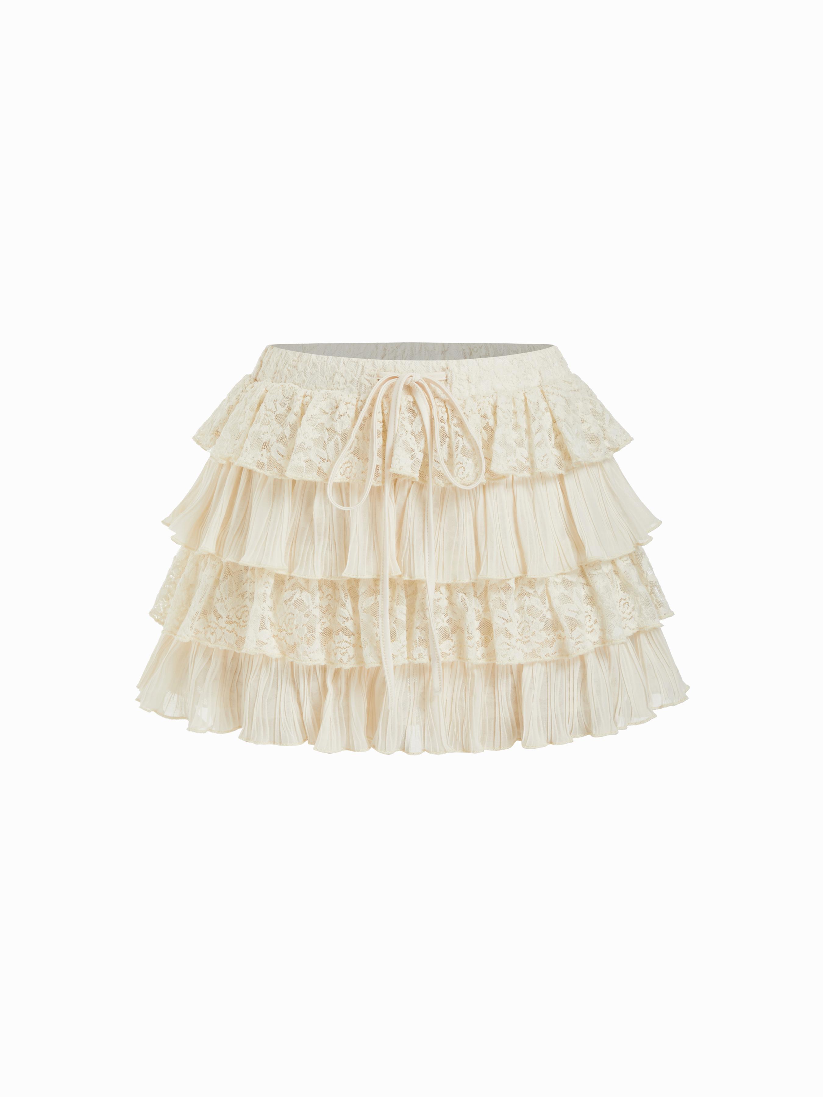 Lace Layered Drawstring Mid Rise Mini Skirt by CIDER