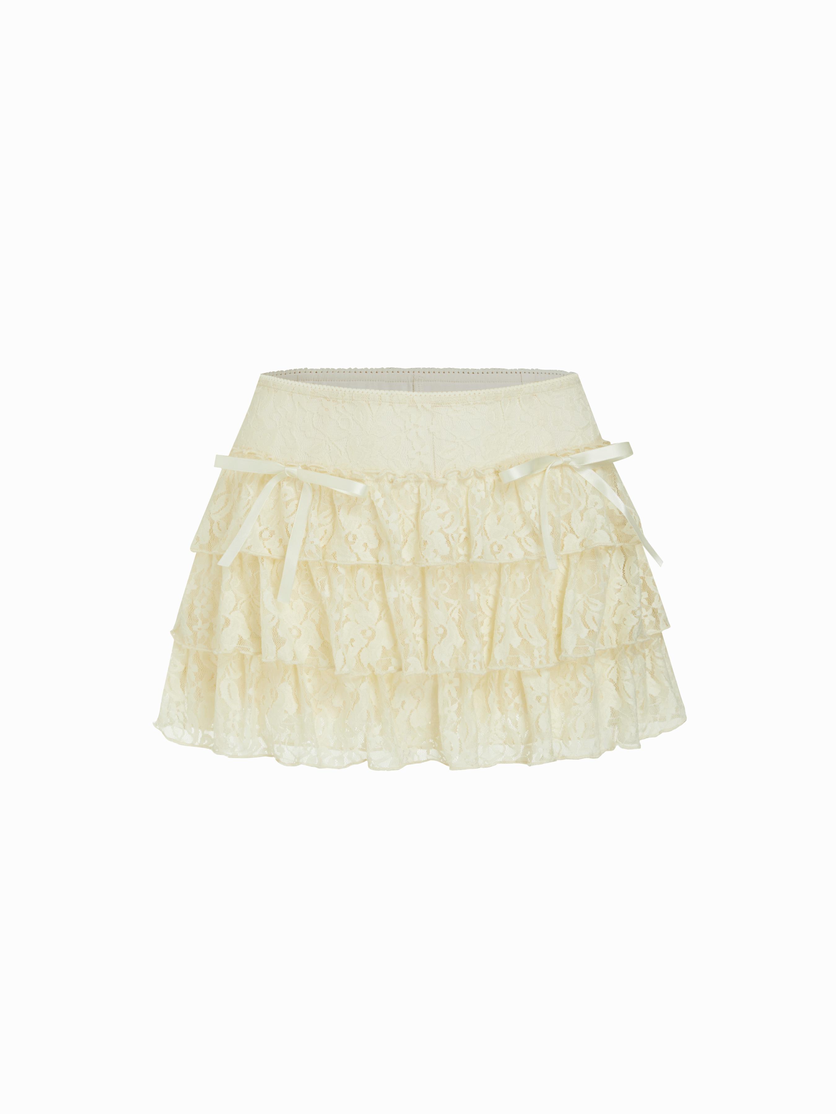 Lace Low Rise Bowknot Ruffle Layered Mini Skort by CIDER Lace Low Rise Bowknot Ruffle Layered Mini Skort by CIDER