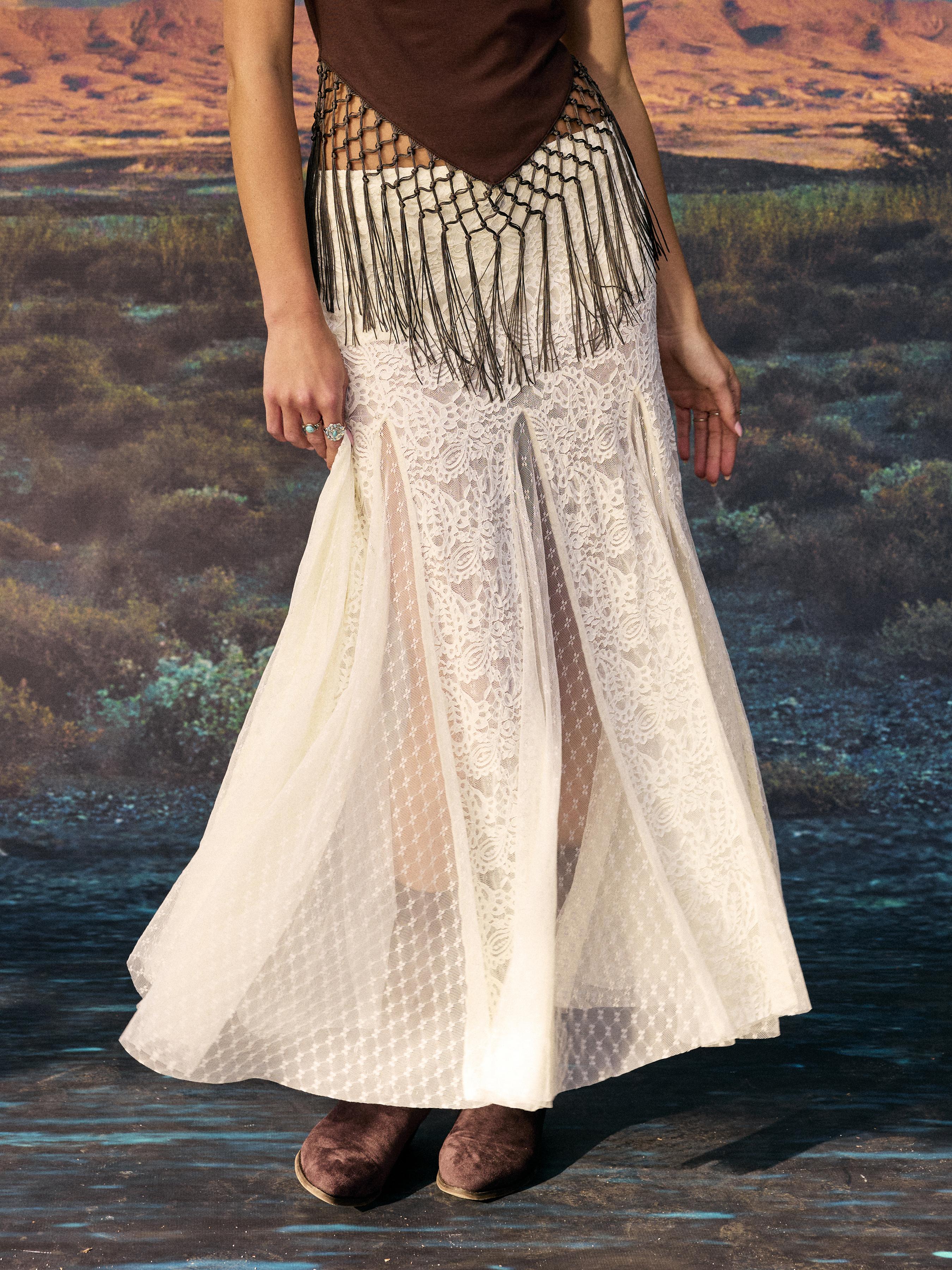 Lace Low Rise Flared Maxi Skirt by CIDER