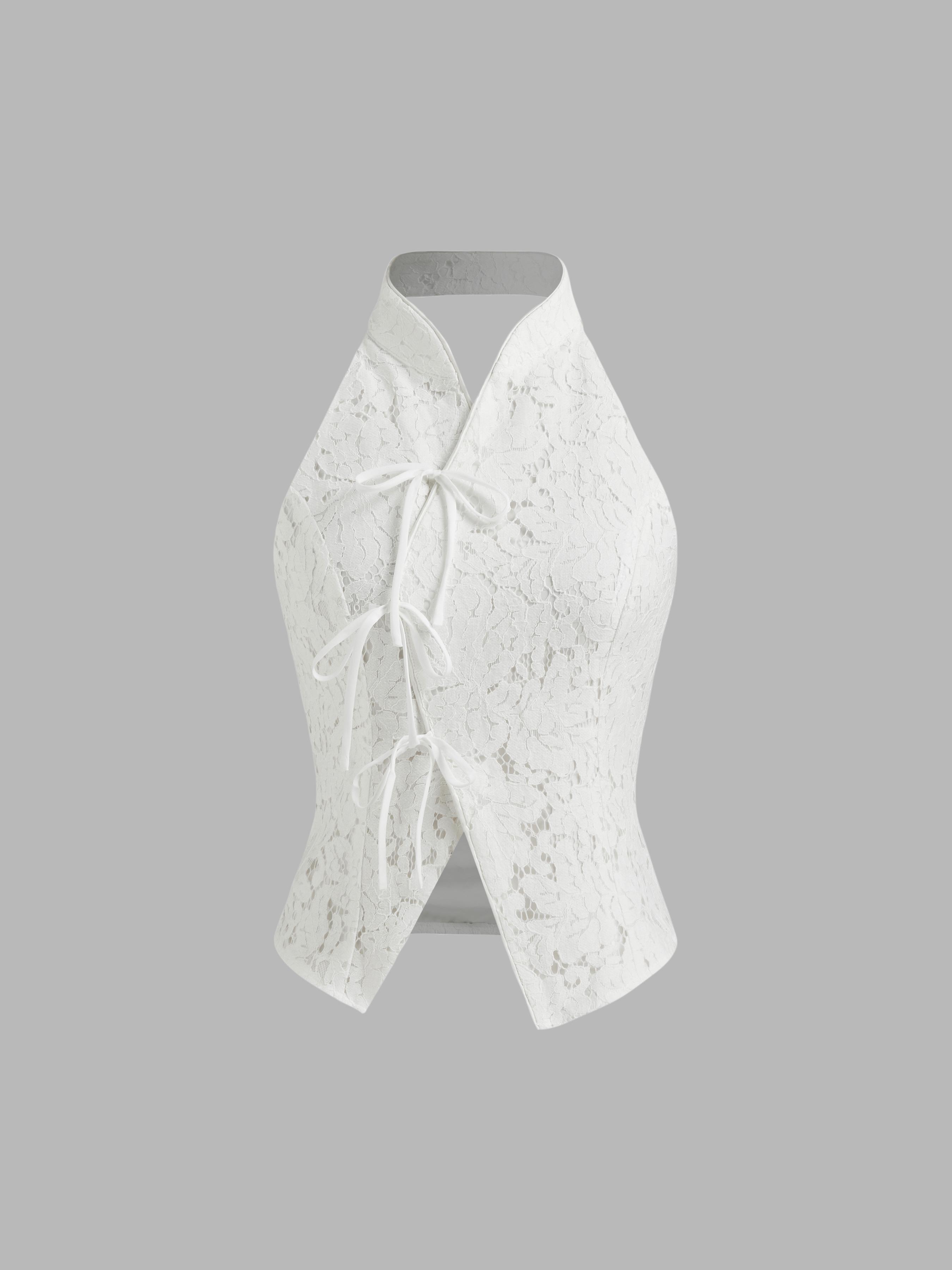 Lace Mandarin Collar Bowknot Split Tank Top by CIDER