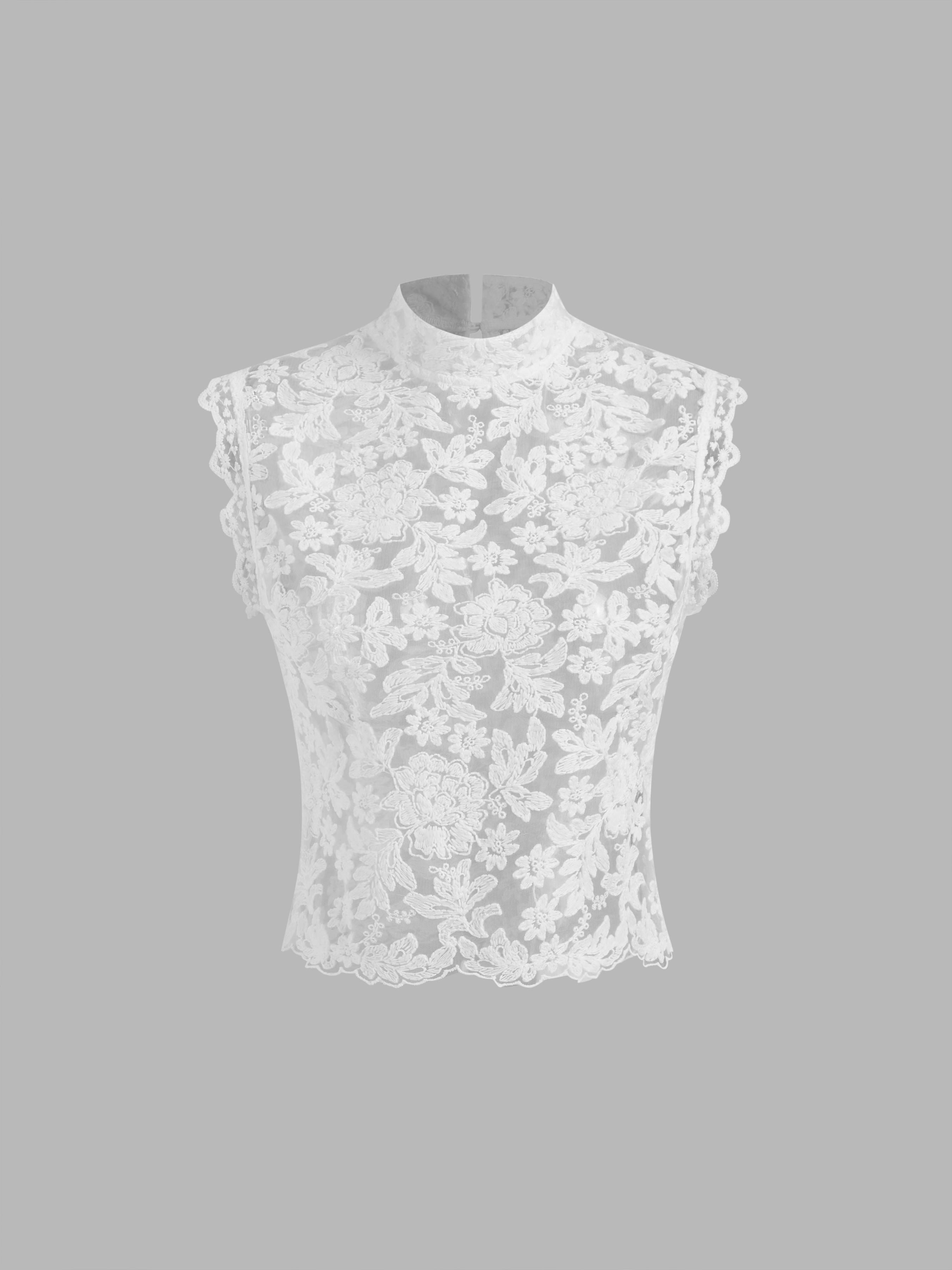 Lace Mandarin Collar Floral See-through Tank Top by CIDER