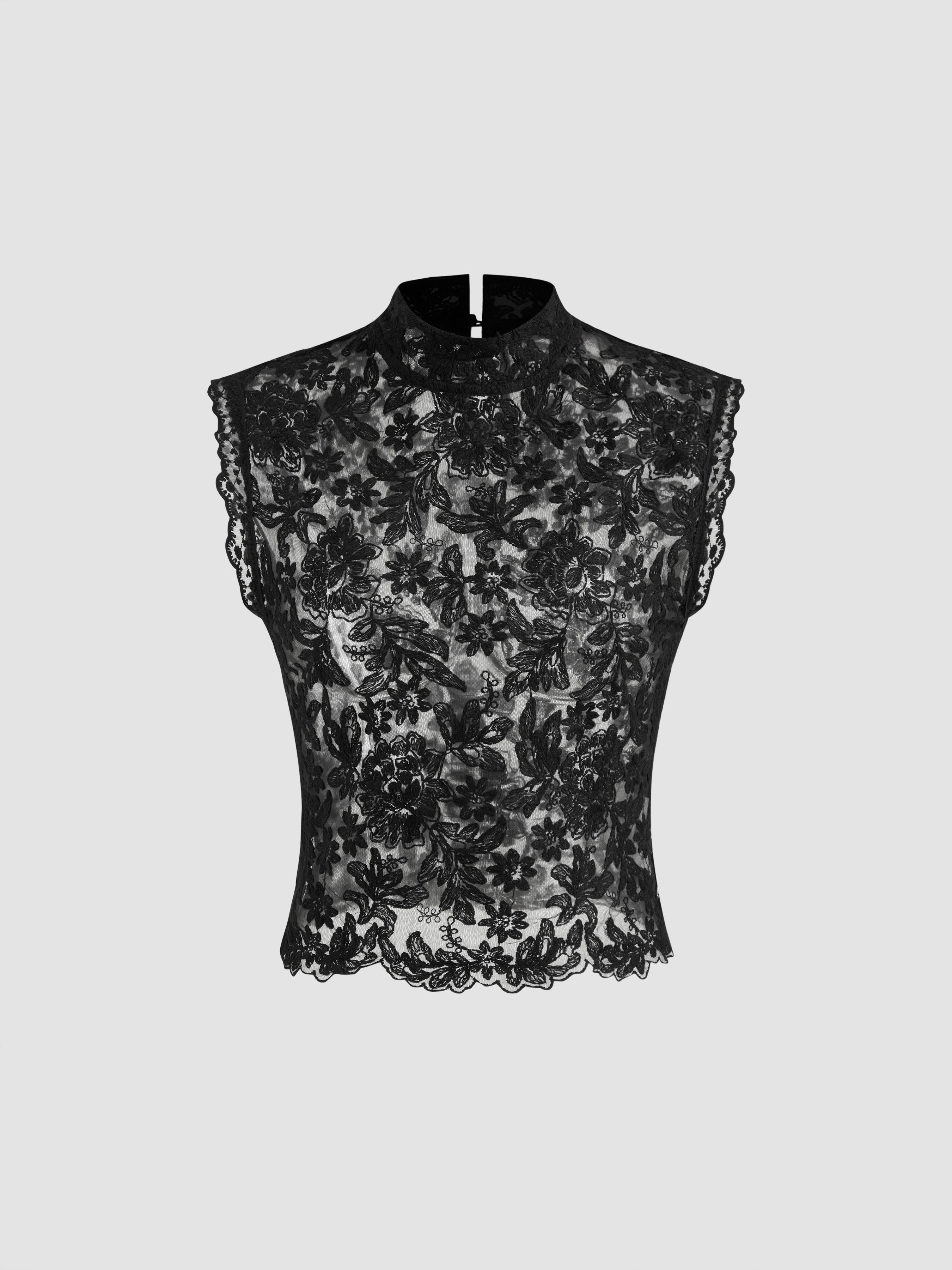 Lace Mandarin Collar Floral See-through Tank Top by CIDER