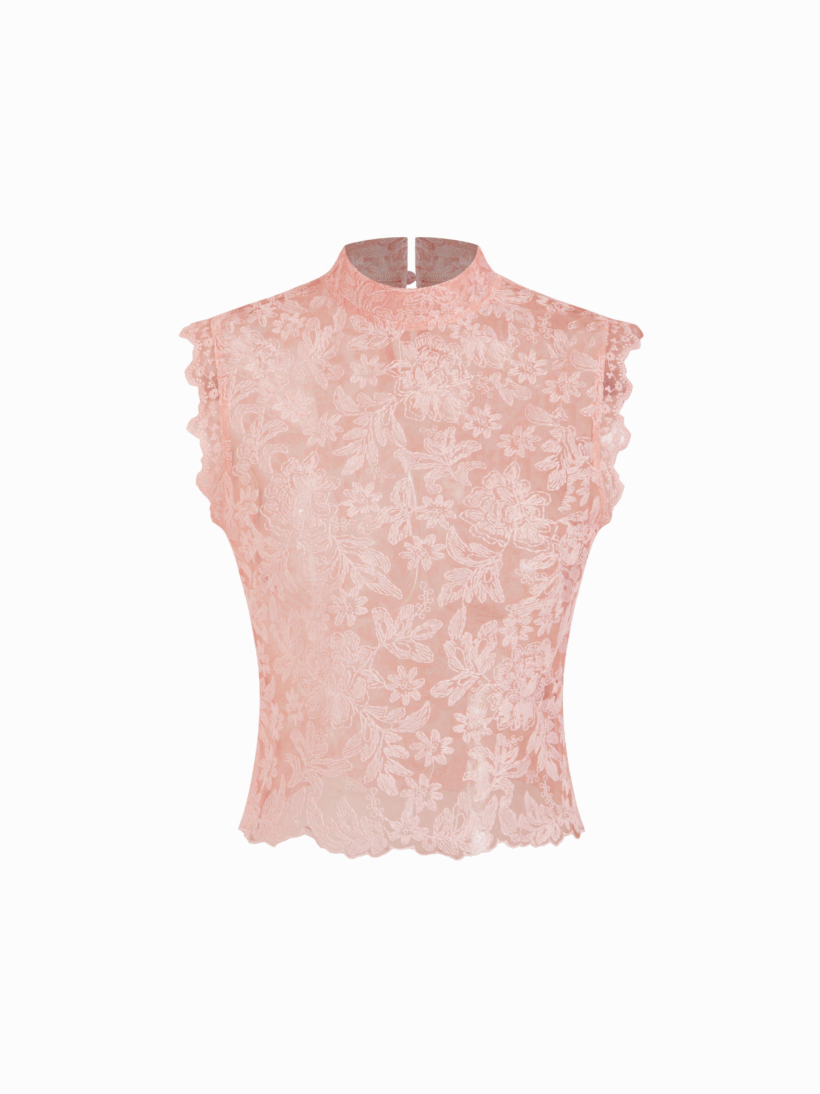Lace Mandarin Collar Floral See-through Tank Top by CIDER