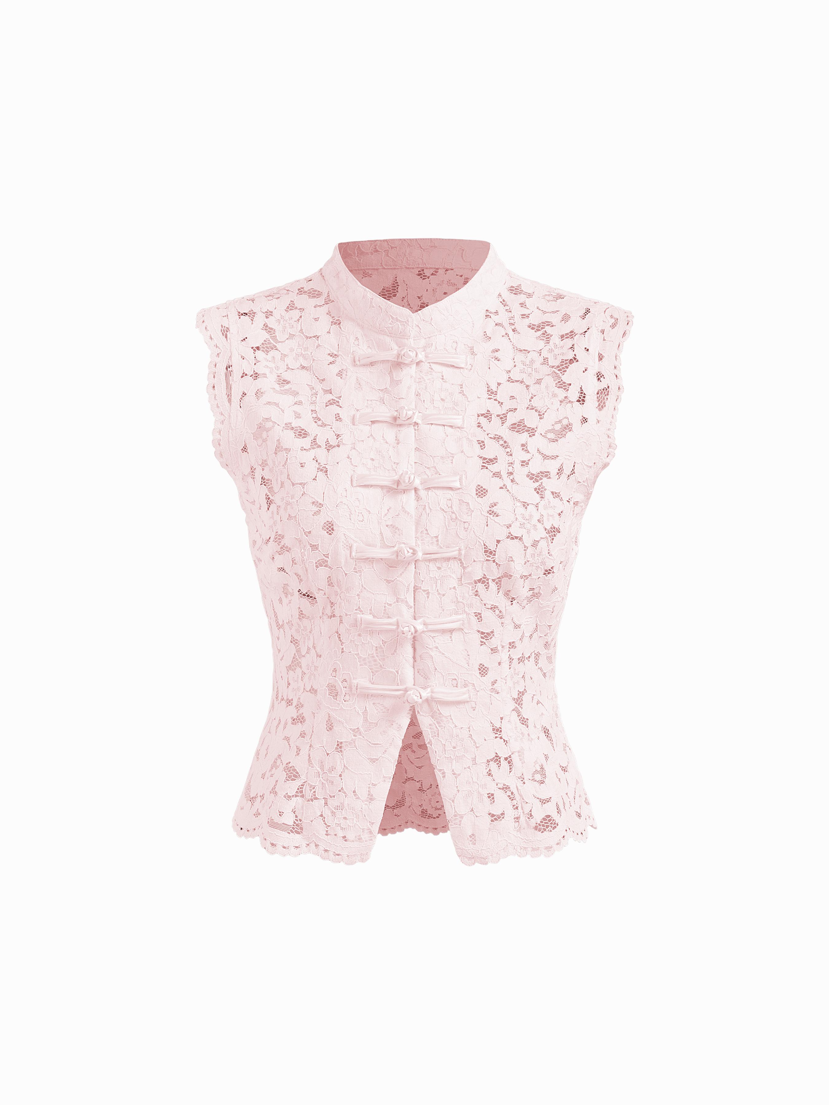 Lace Mandarin Collar Guipure Split Tank Top by CIDER