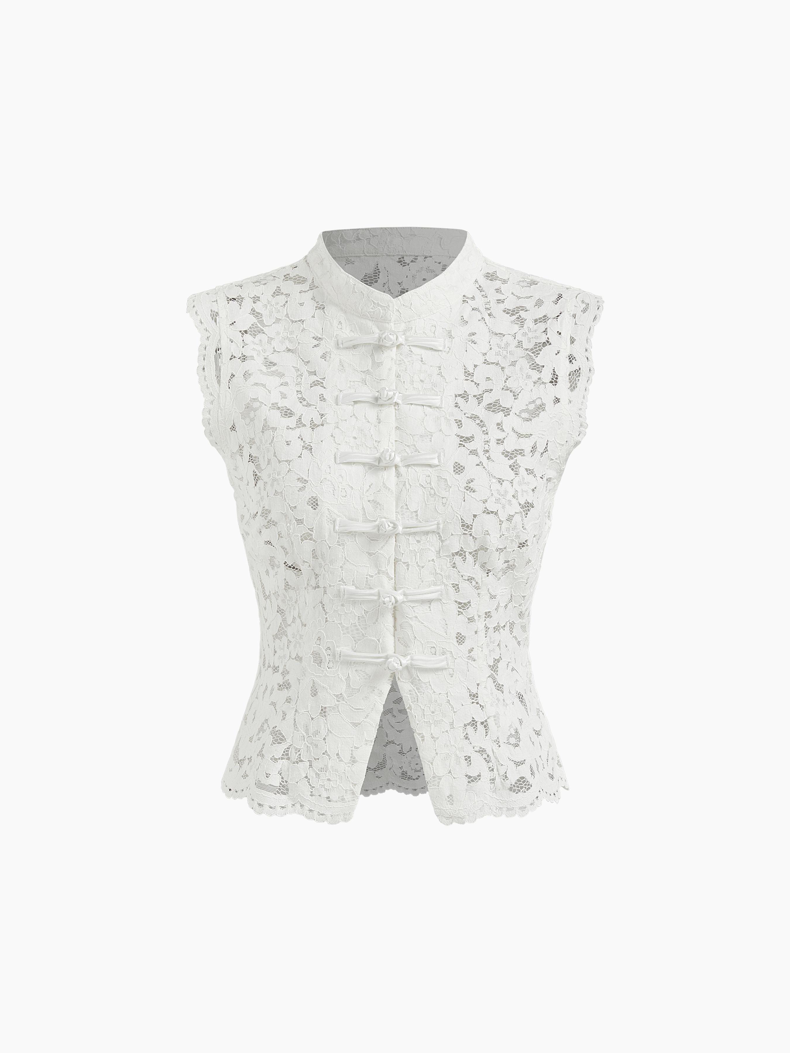 Lace Mandarin Collar Guipure Split Tank Top by CIDER