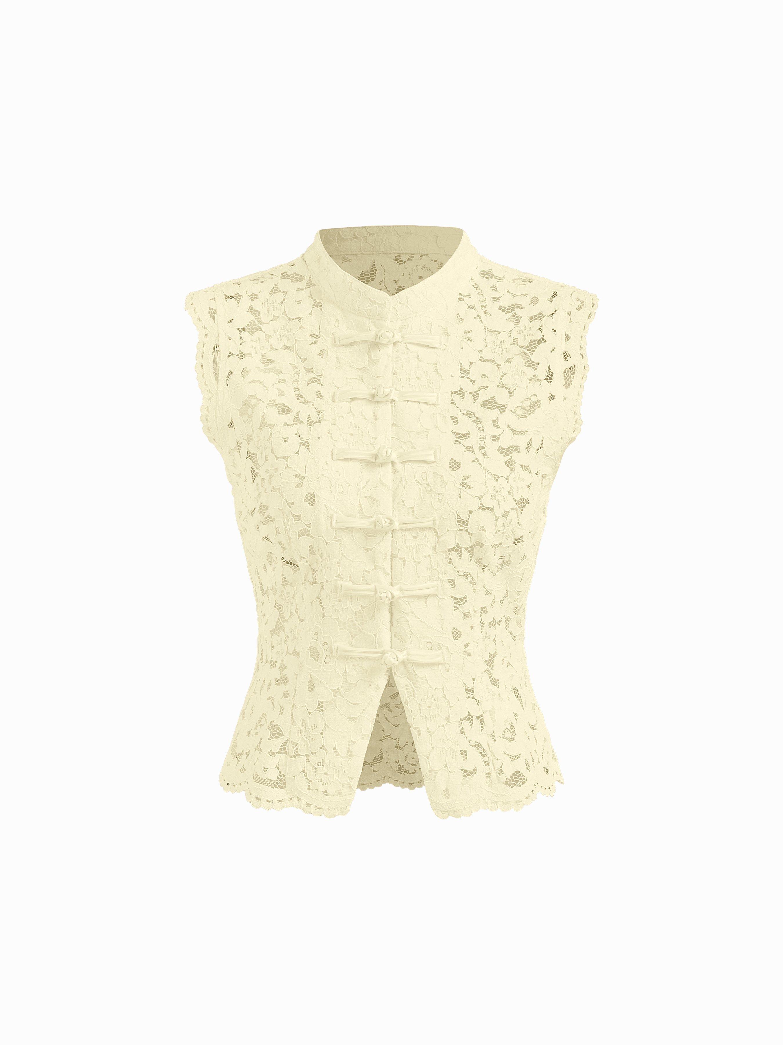 Lace Mandarin Collar Guipure Split Tank Top by CIDER