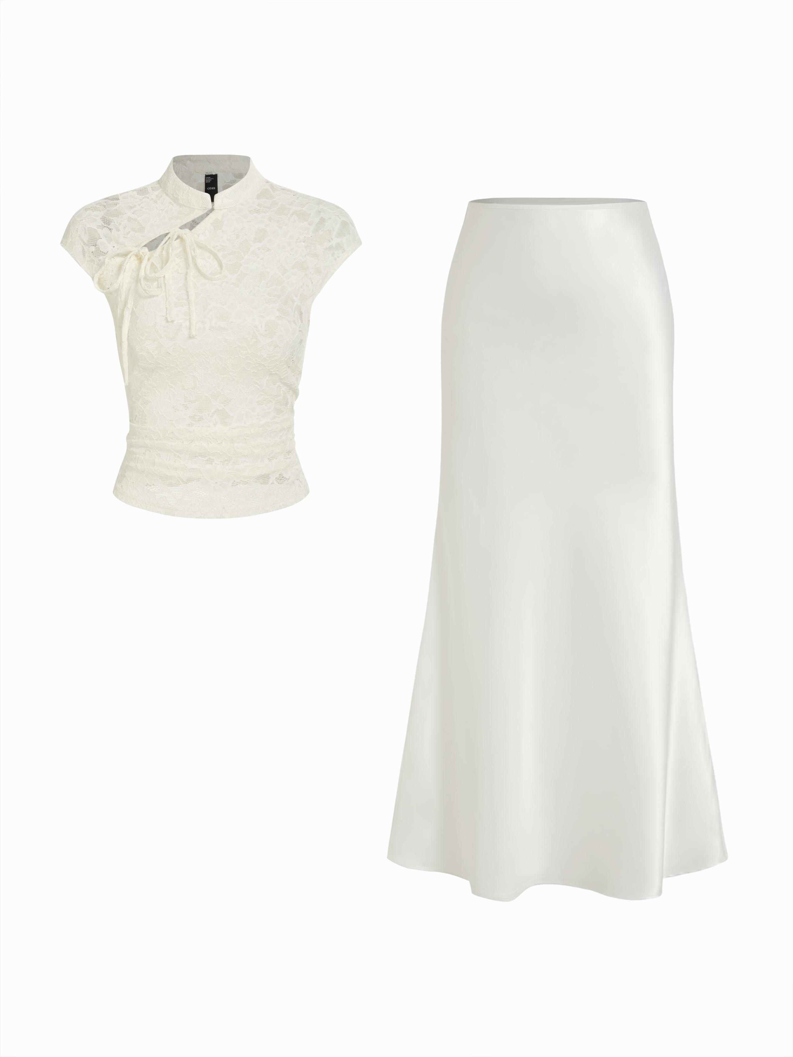 Lace Mandarin Collar Knotted Ruched See-through Cropped Top & Mid Rise Maxi Skirt Set by CIDER