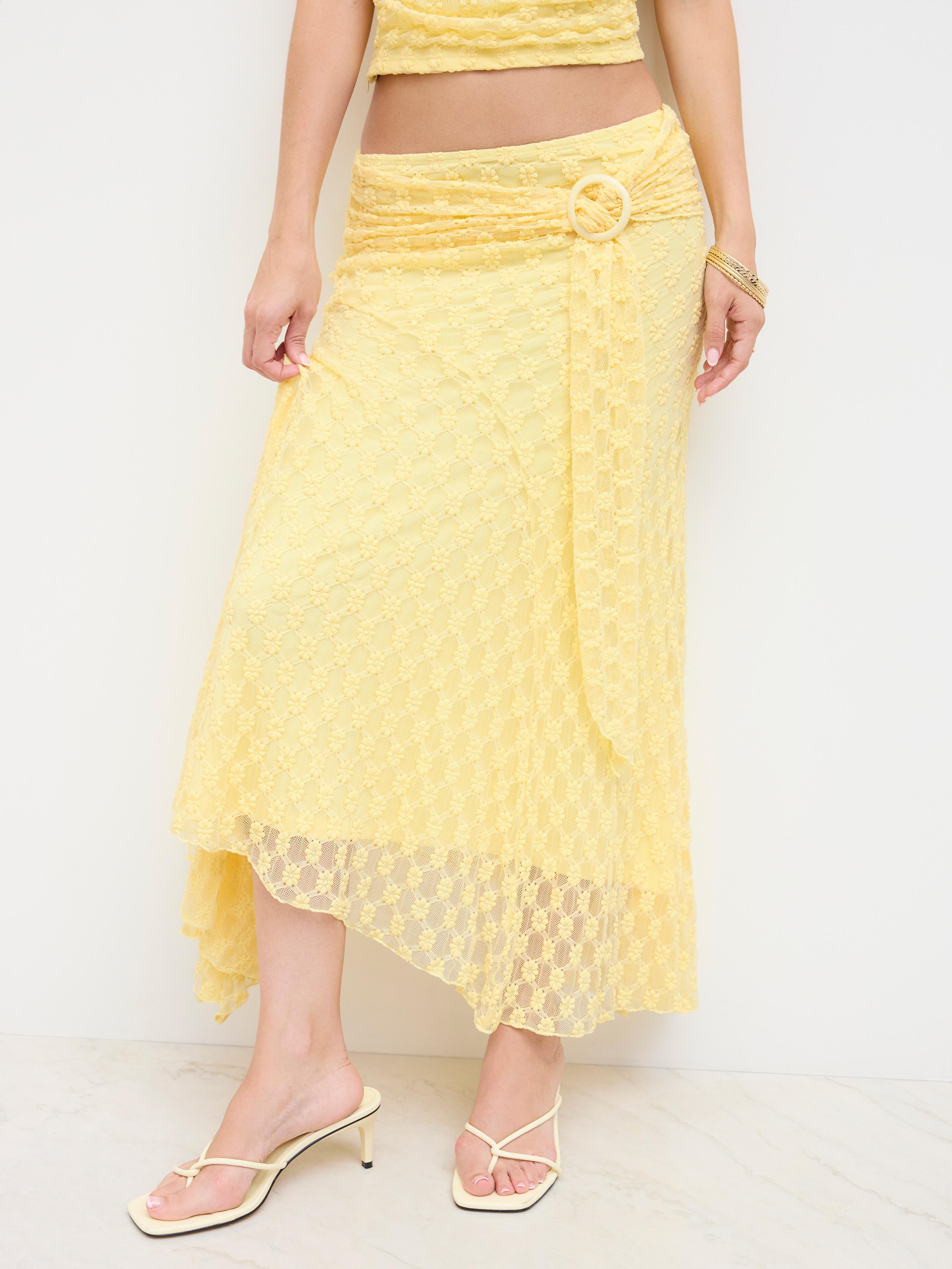 Lace Mid Rise Floral O-Ring Ruffle Hem Maxi Skirt by CIDER
