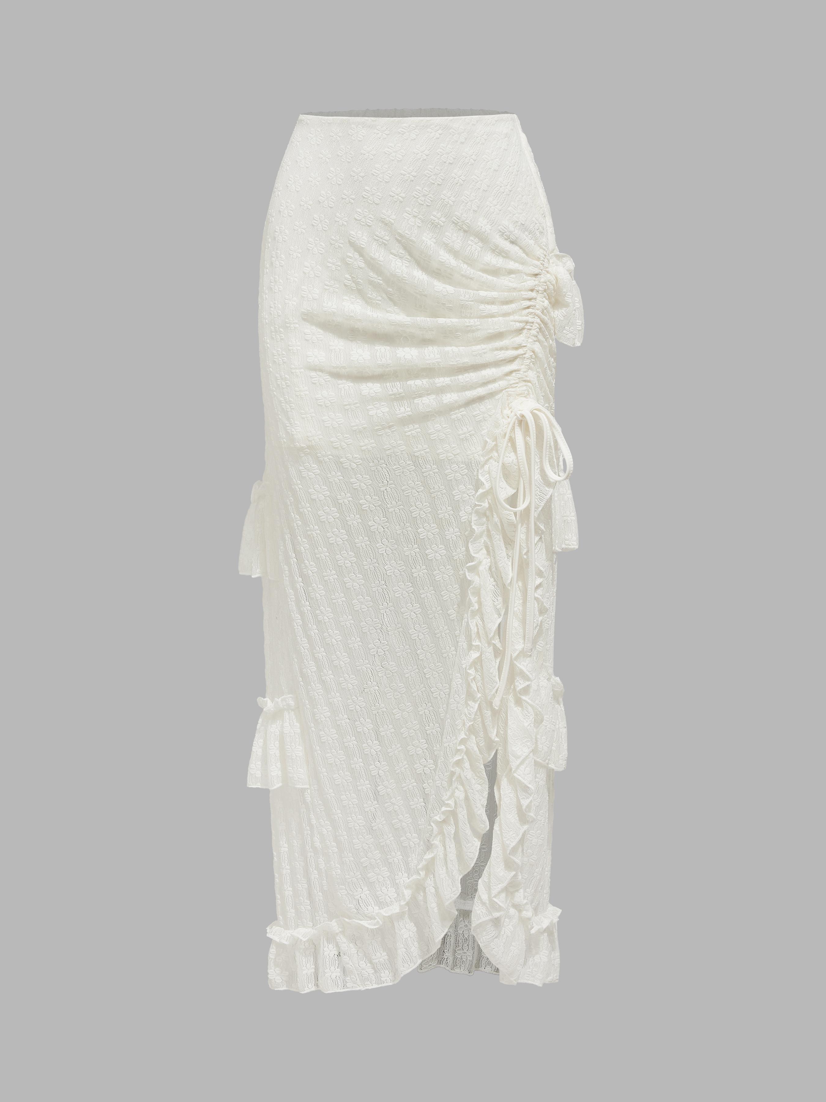 Lace Mid Rise Floral Split Layered Maxi Skirt by CIDER