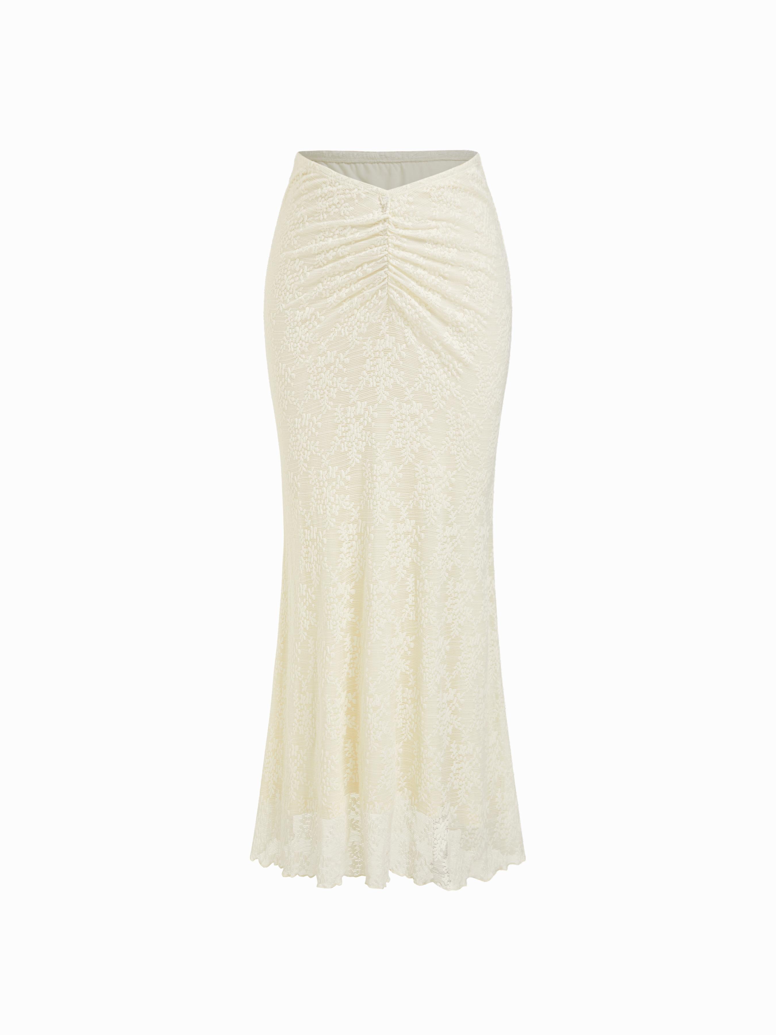 Lace Mid Rise Ruched Mermaid Maxi Skirt by CIDER