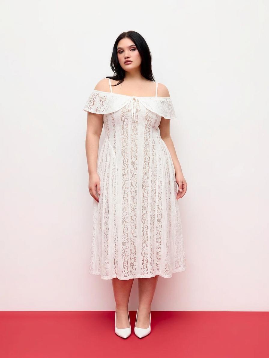 Lace Off-Shoulder Knotted Flared Maxi Dress Curve & Plus by CIDER