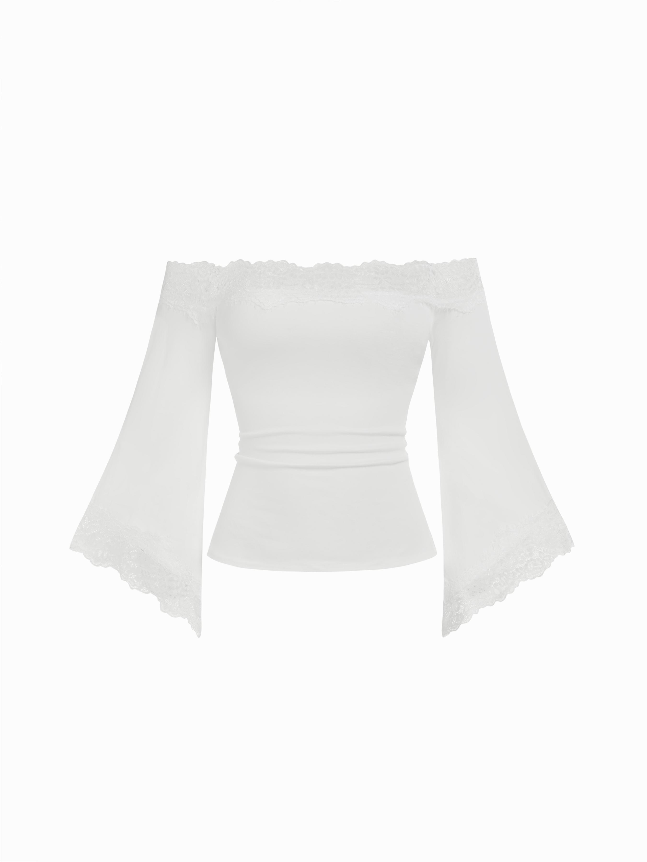 Lace Off-shoulder Bell Sleeve Tee by CIDER