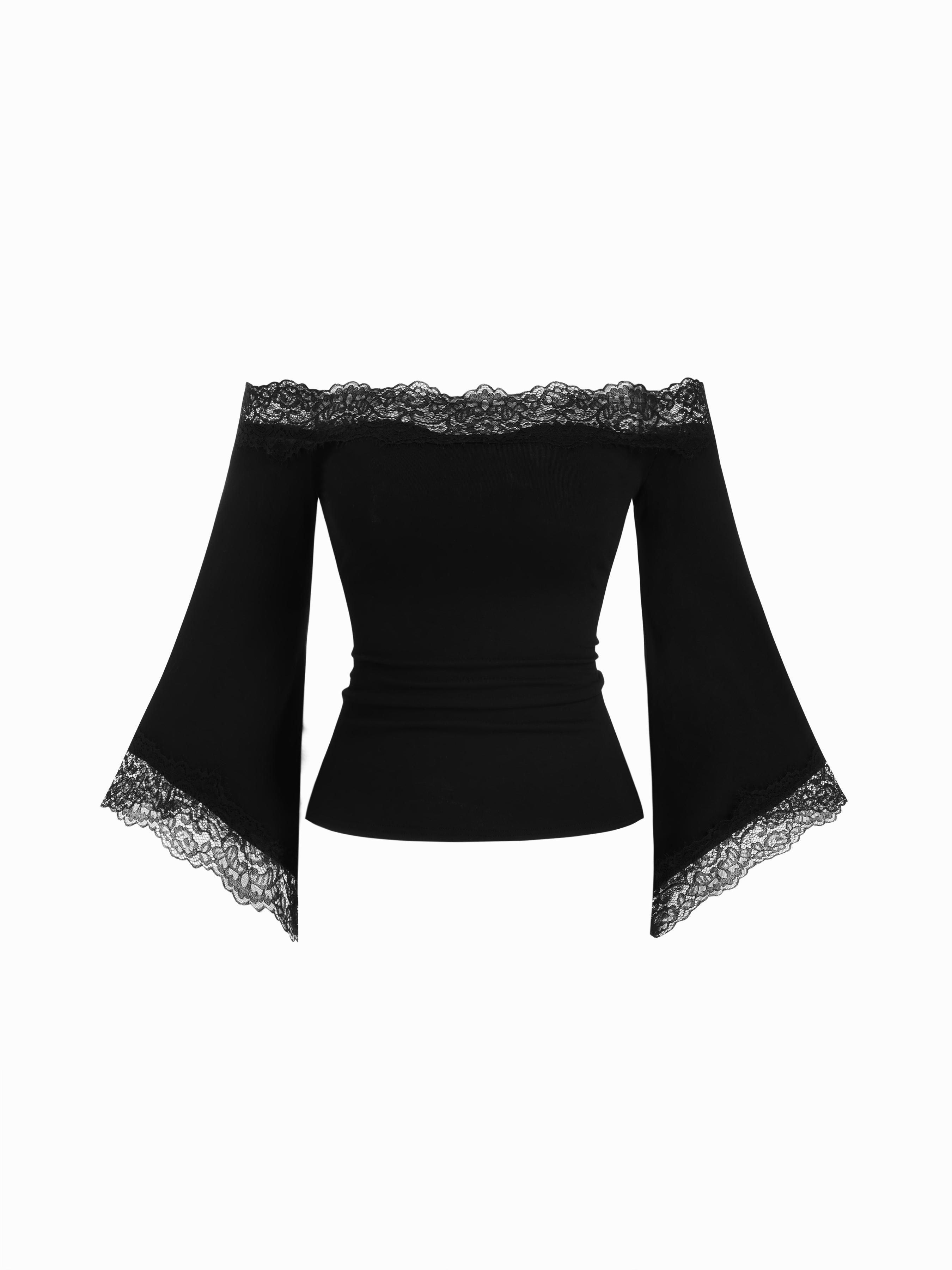 Lace Off-shoulder Bell Sleeve Tee by CIDER