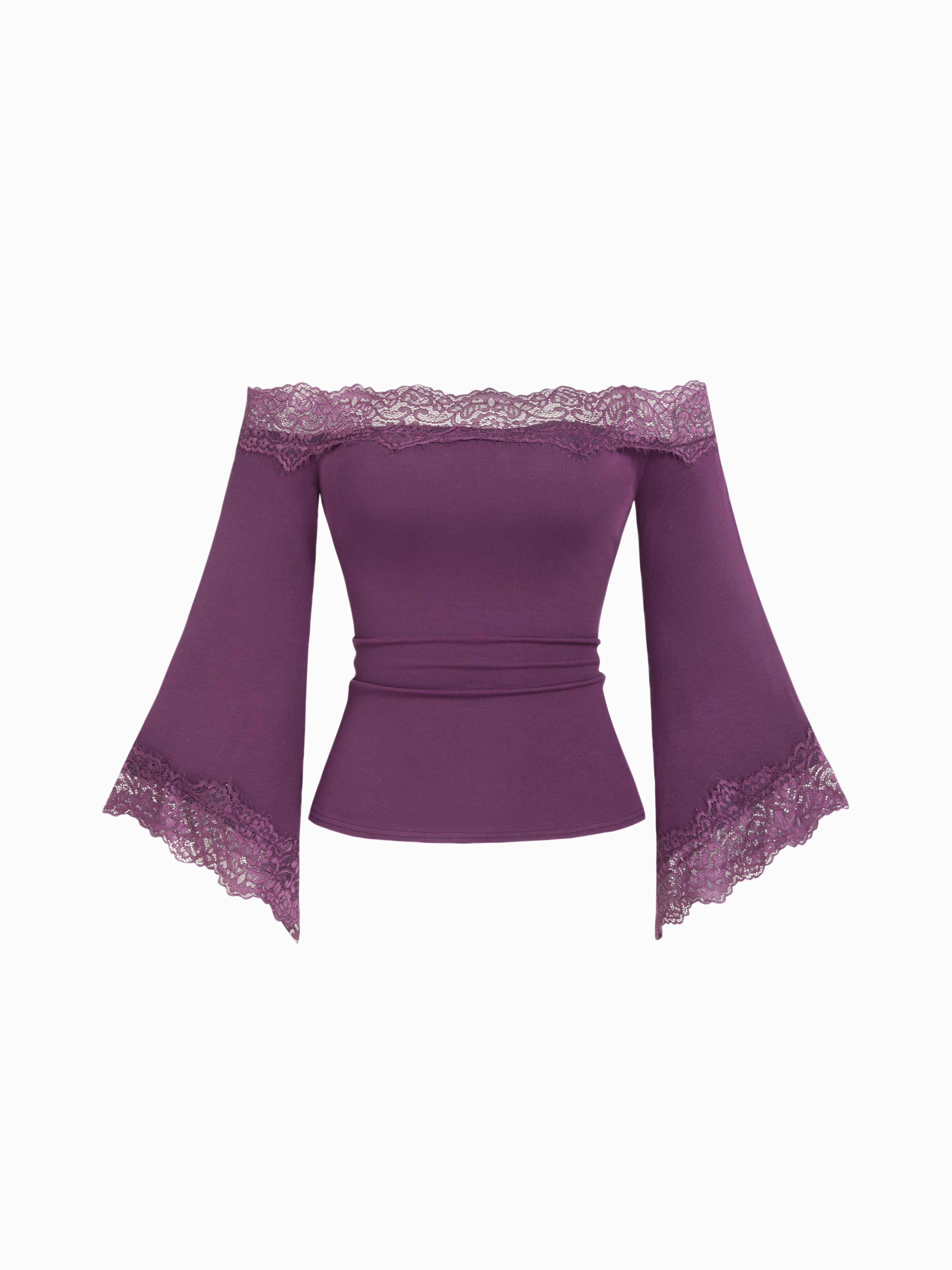 Lace Off-shoulder Bell Sleeve Tee by CIDER