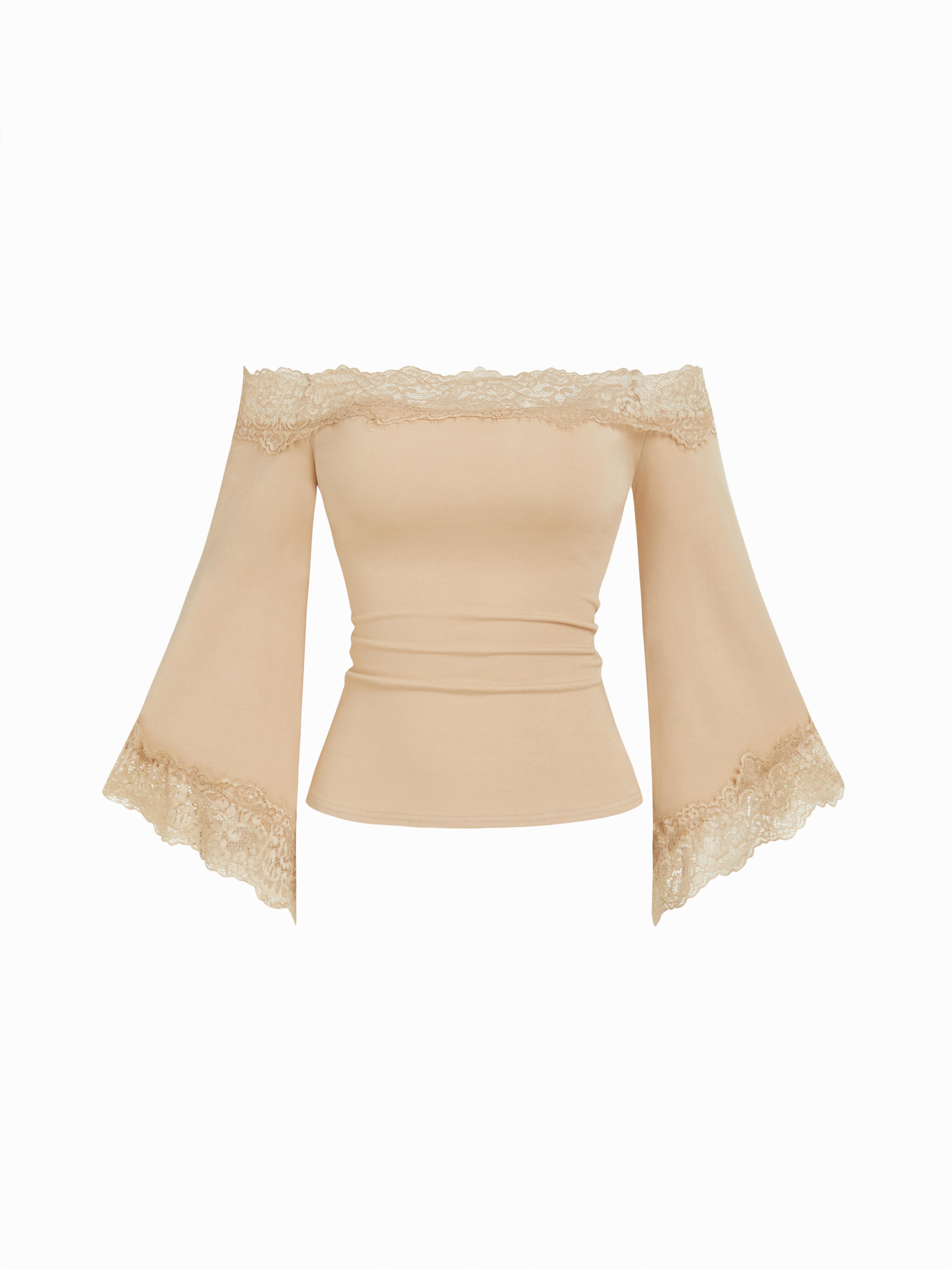 Lace Off-shoulder Bell Sleeve Tee by CIDER
