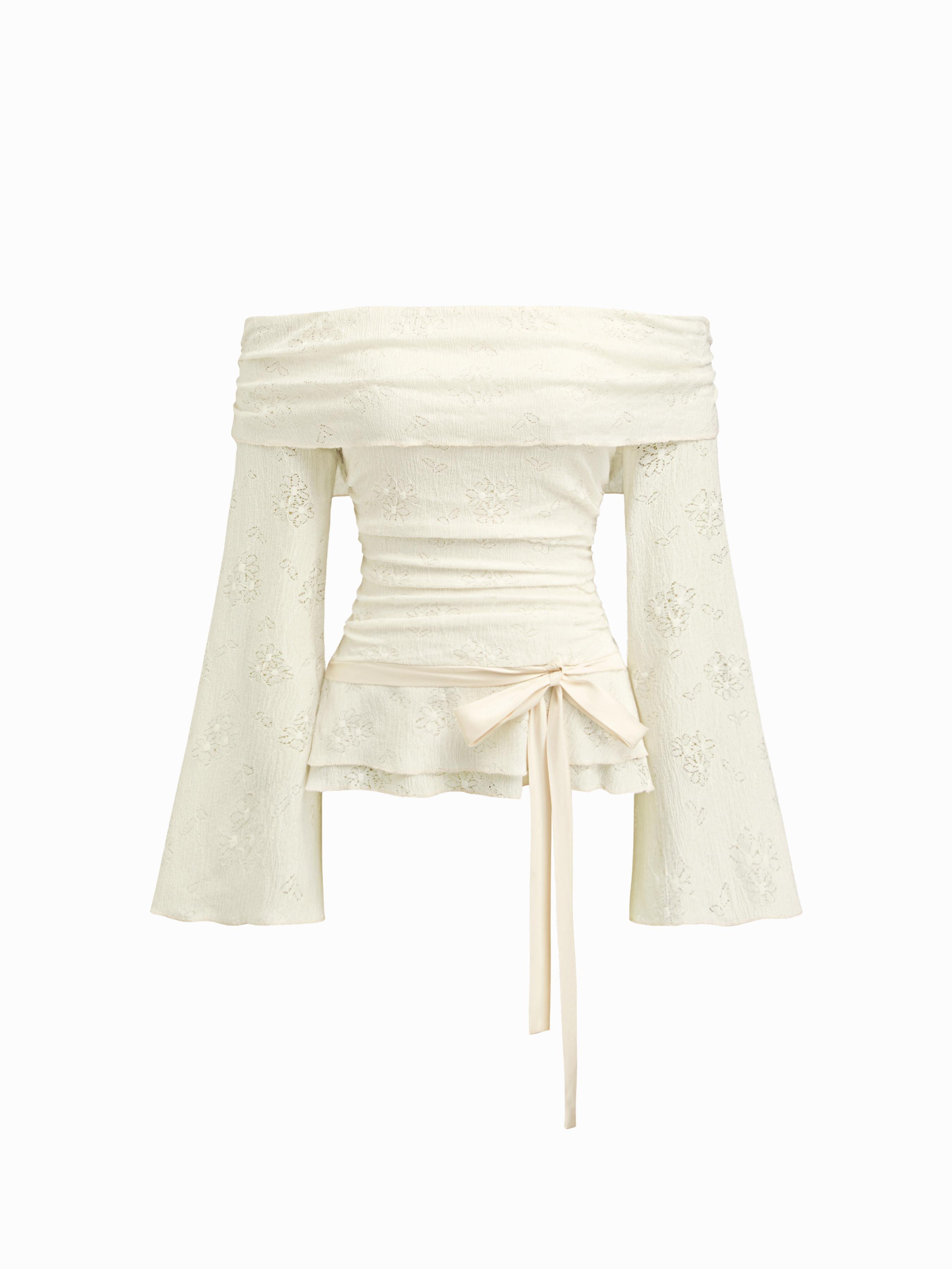 Lace Off-shoulder Floral Knotted Ruched Long Sleeve Top by CIDER