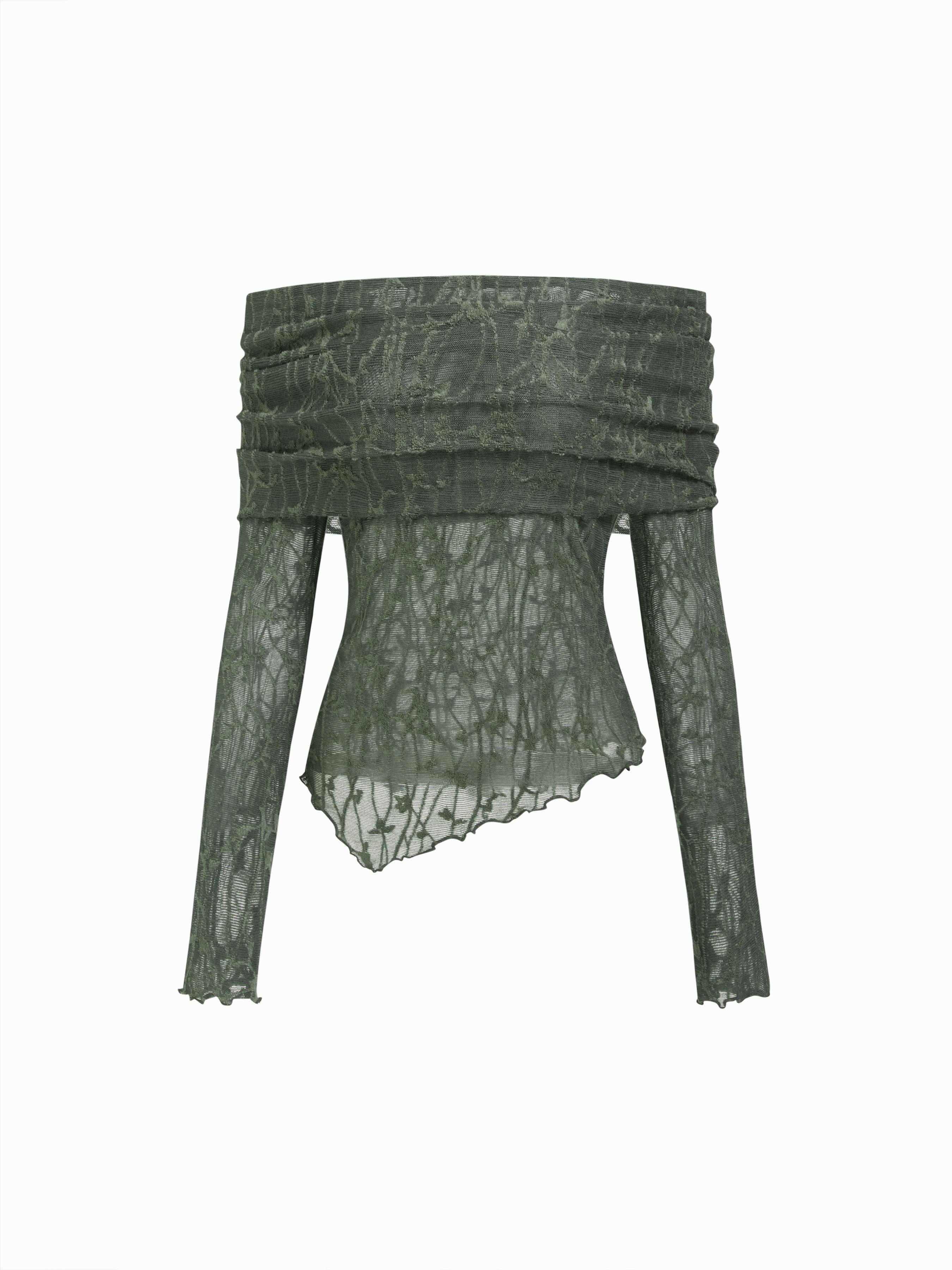 Lace Off-shoulder Long Sleeve Asymmetrical Hem See-through Tee by CIDER