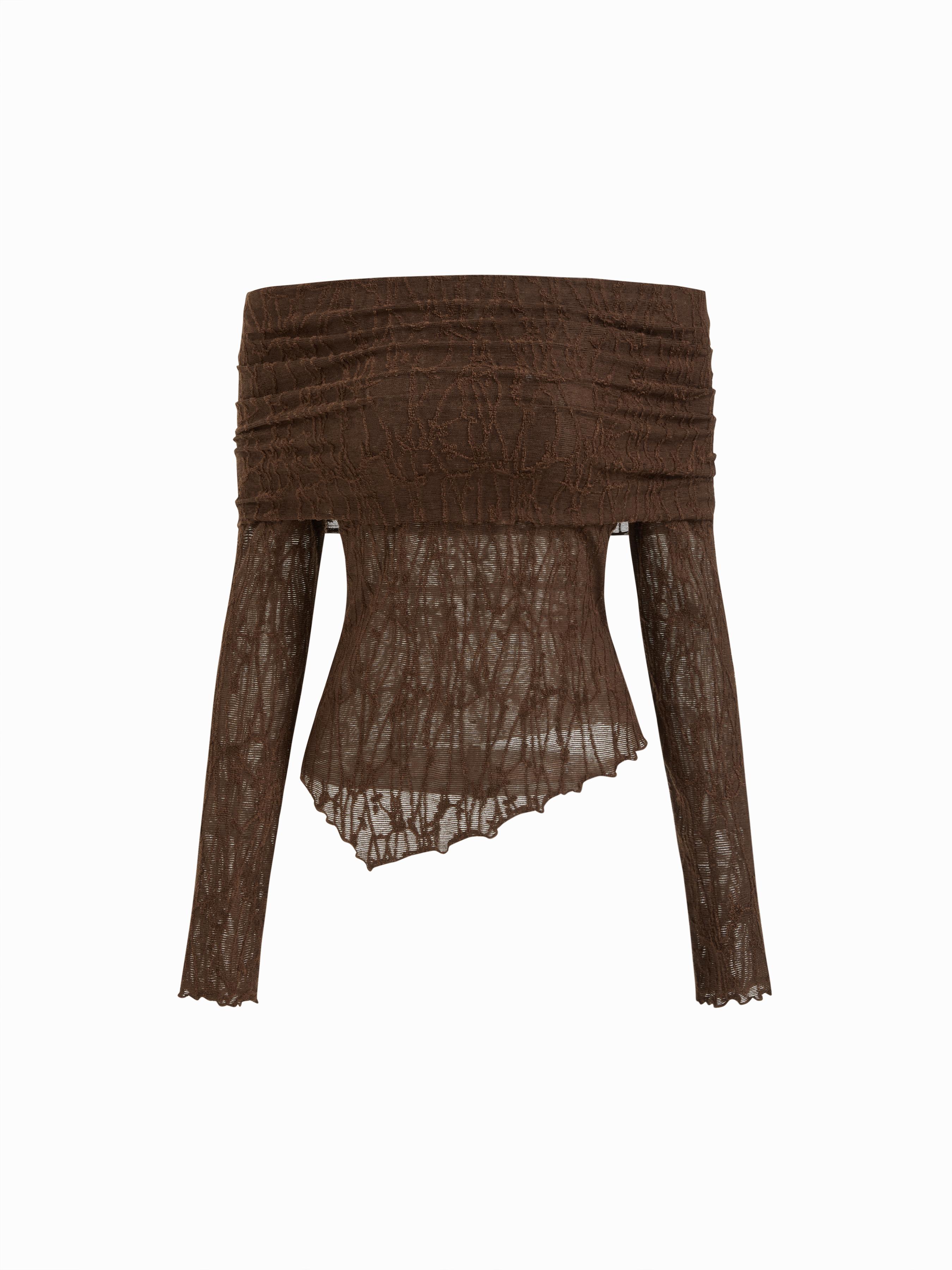 Lace Off-shoulder Long Sleeve Asymmetrical Hem See-through Tee by CIDER