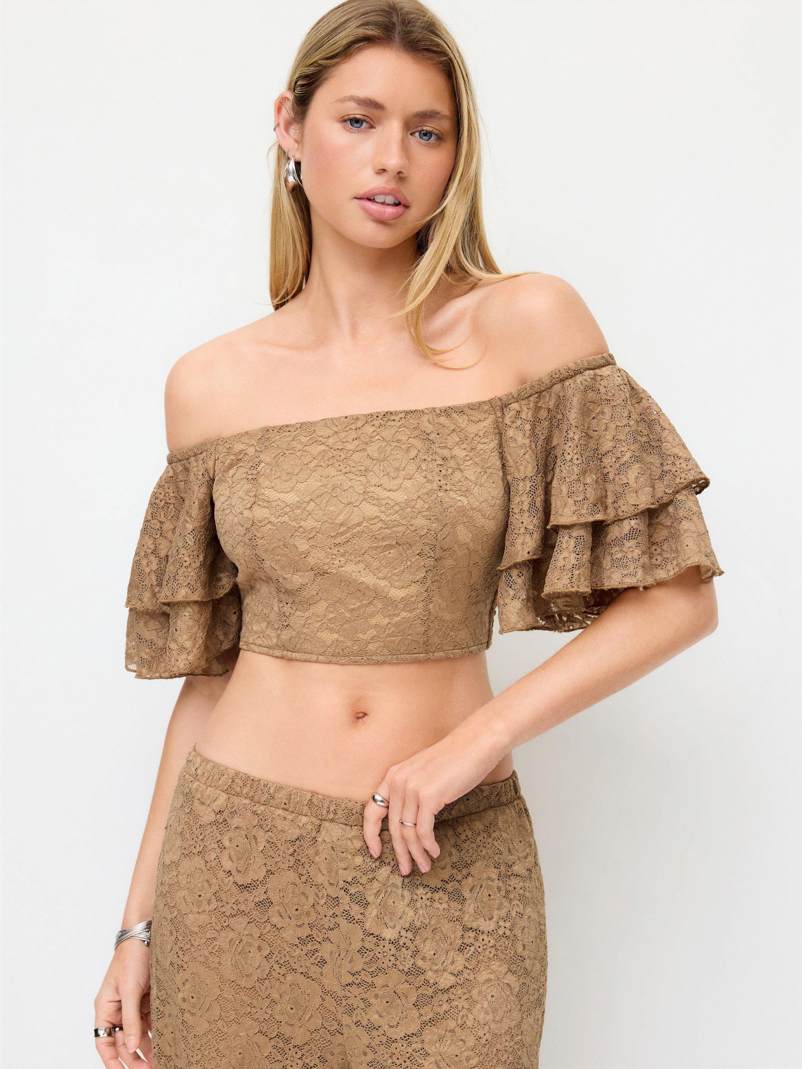Lace Off-shoulder Ruffle Sleeve Shirred Crop Top by CIDER