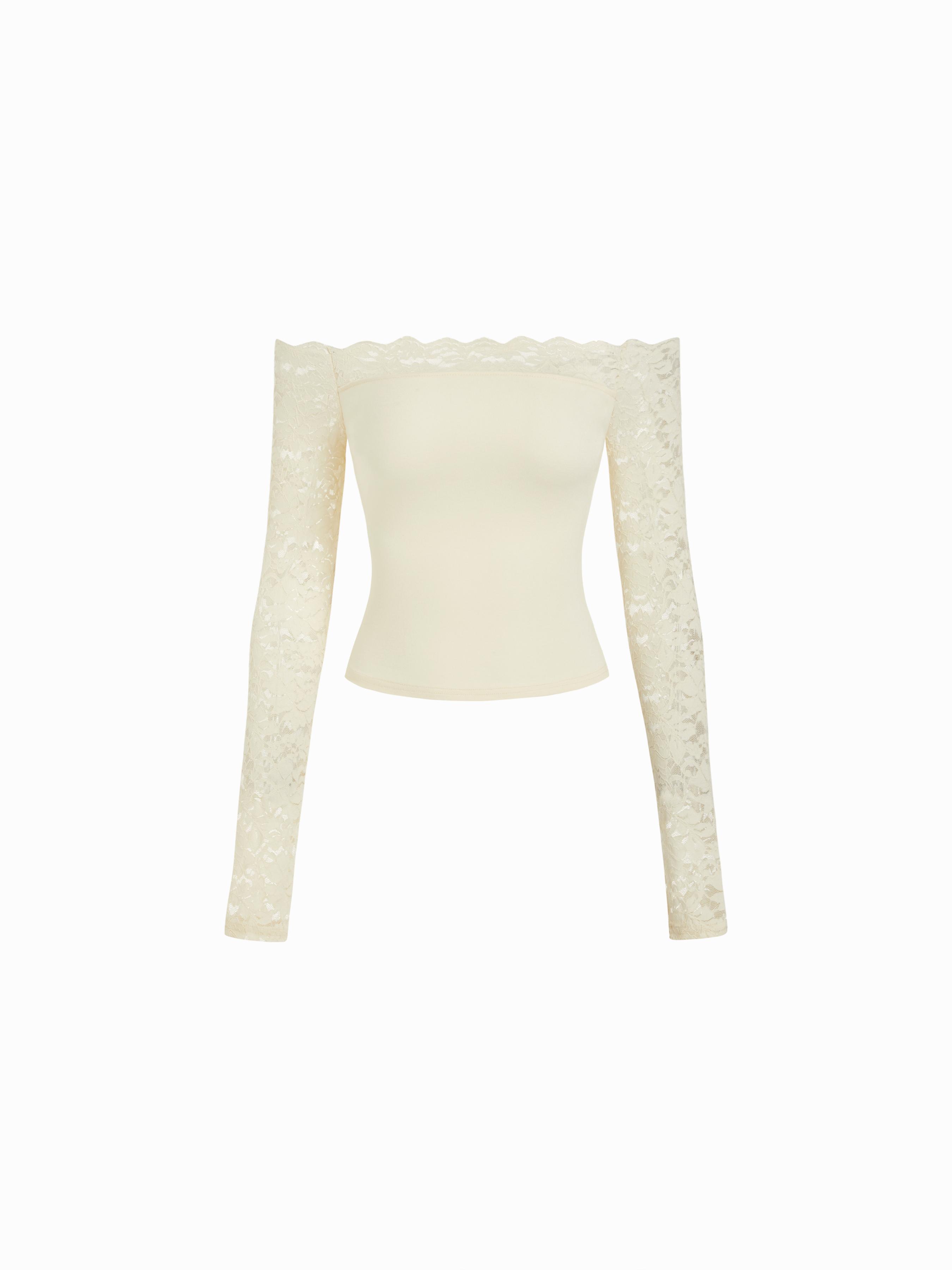 Lace Panel Off-shoulder Long Sleeve Crop Top by CIDER