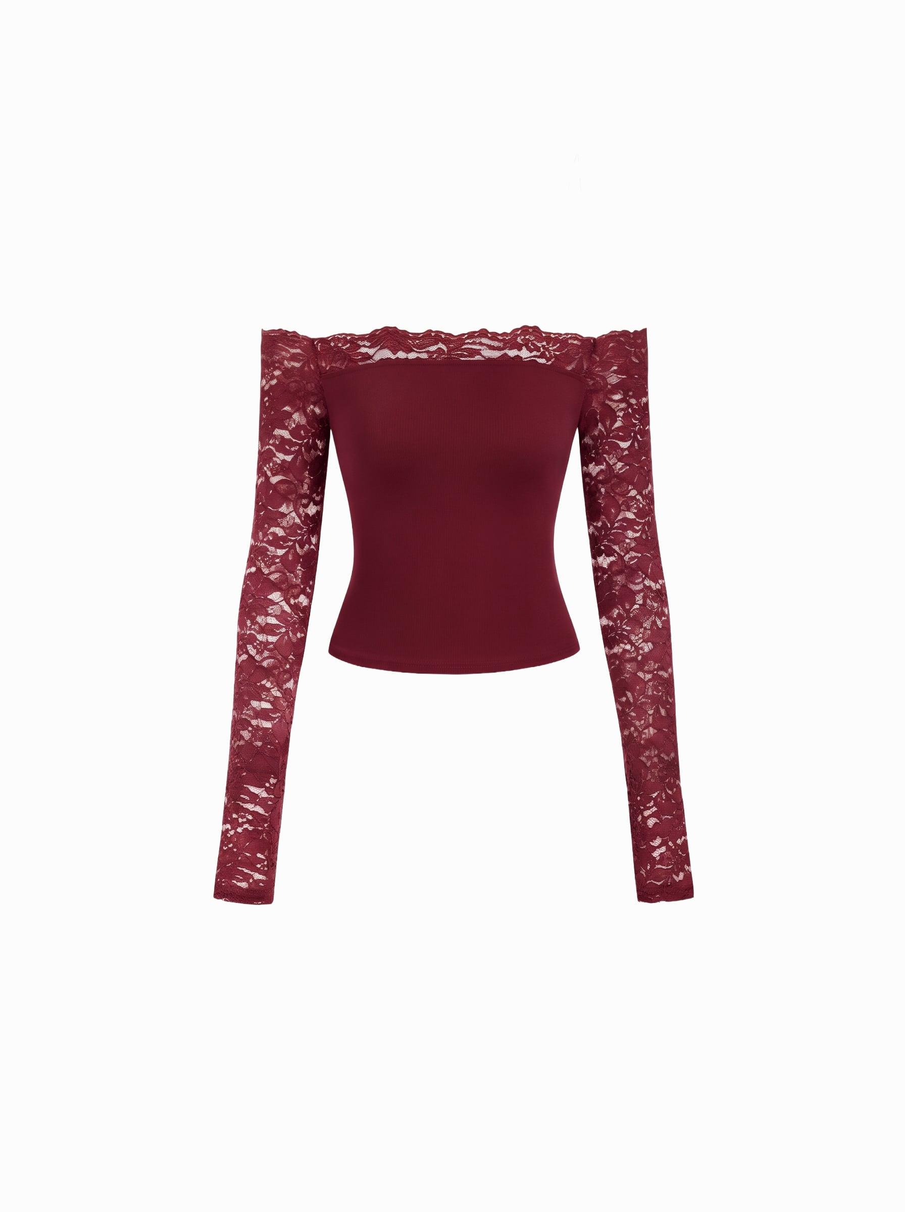 Lace Panel Off-shoulder Long Sleeve Crop Top by CIDER