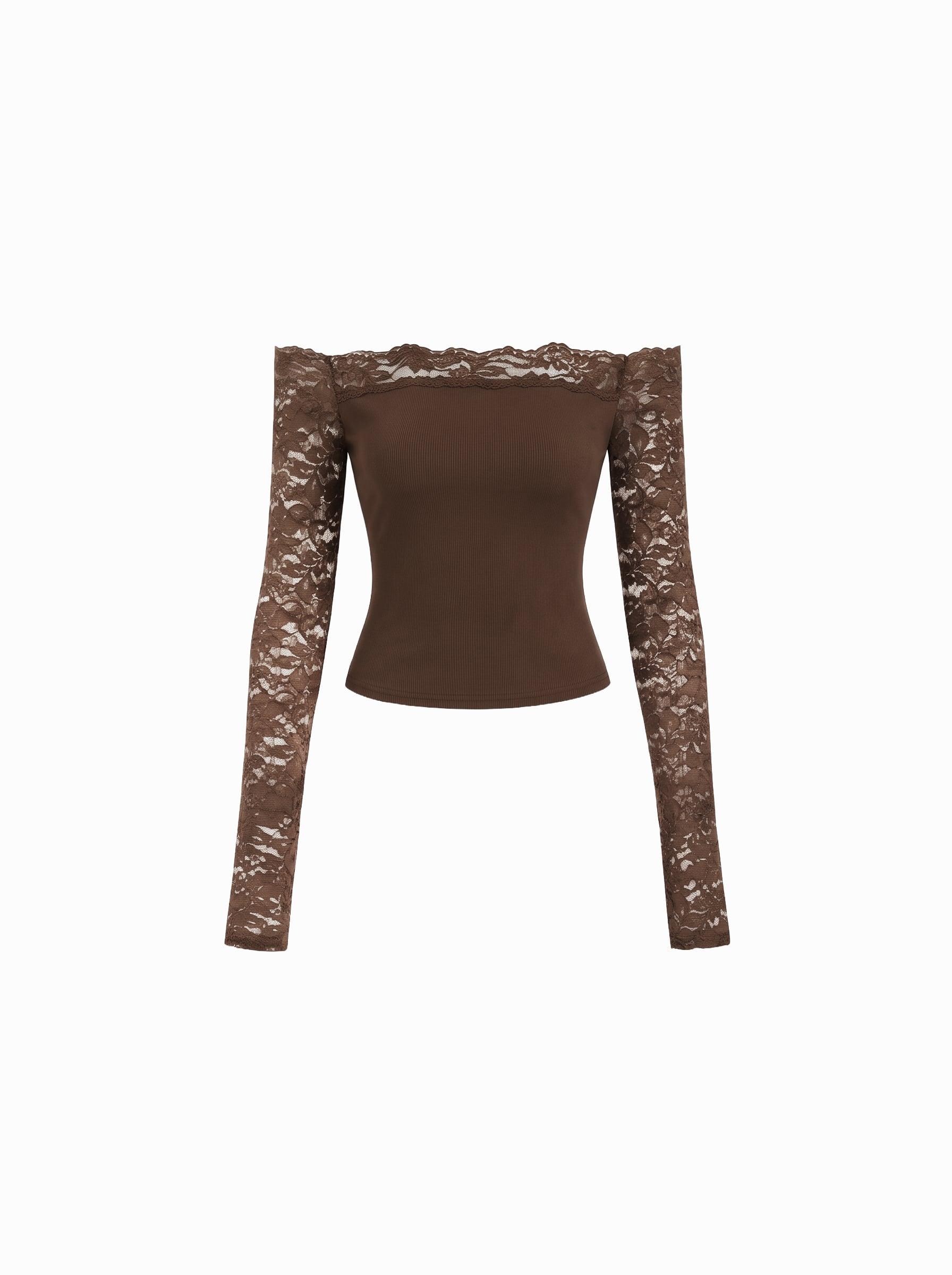 Lace Panel Off-shoulder Long Sleeve Crop Top by CIDER
