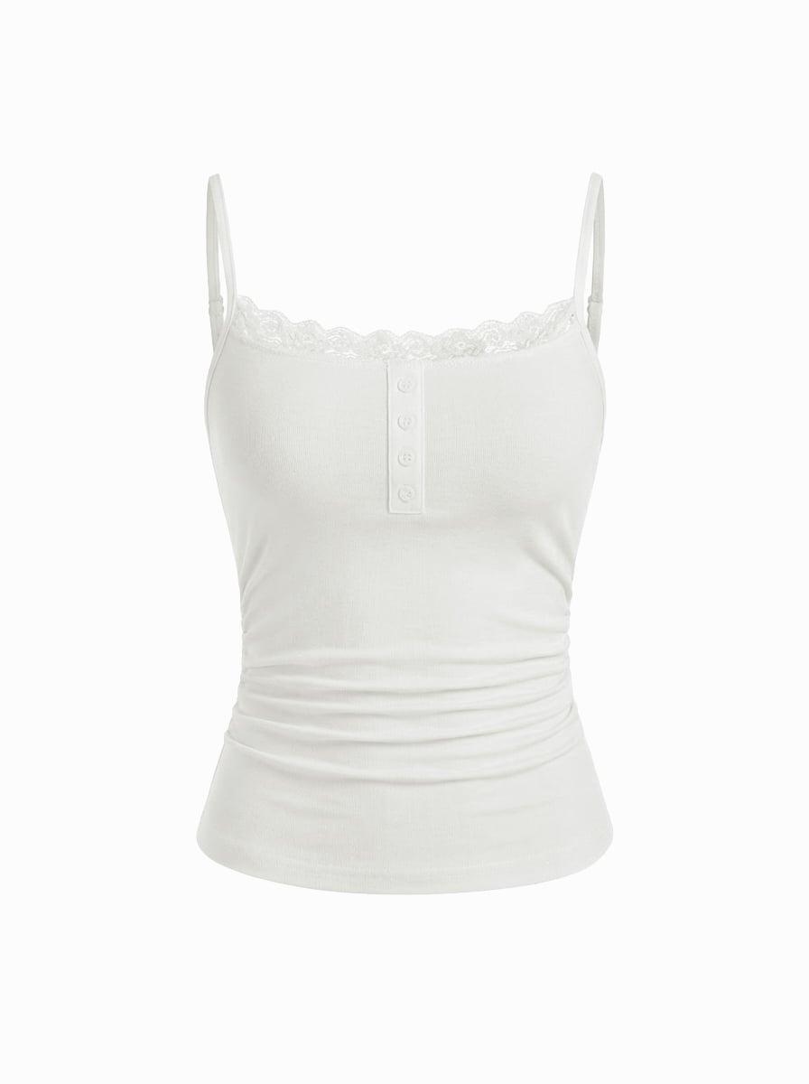 Lace Panel Ruched Henley Cami Top by CIDER