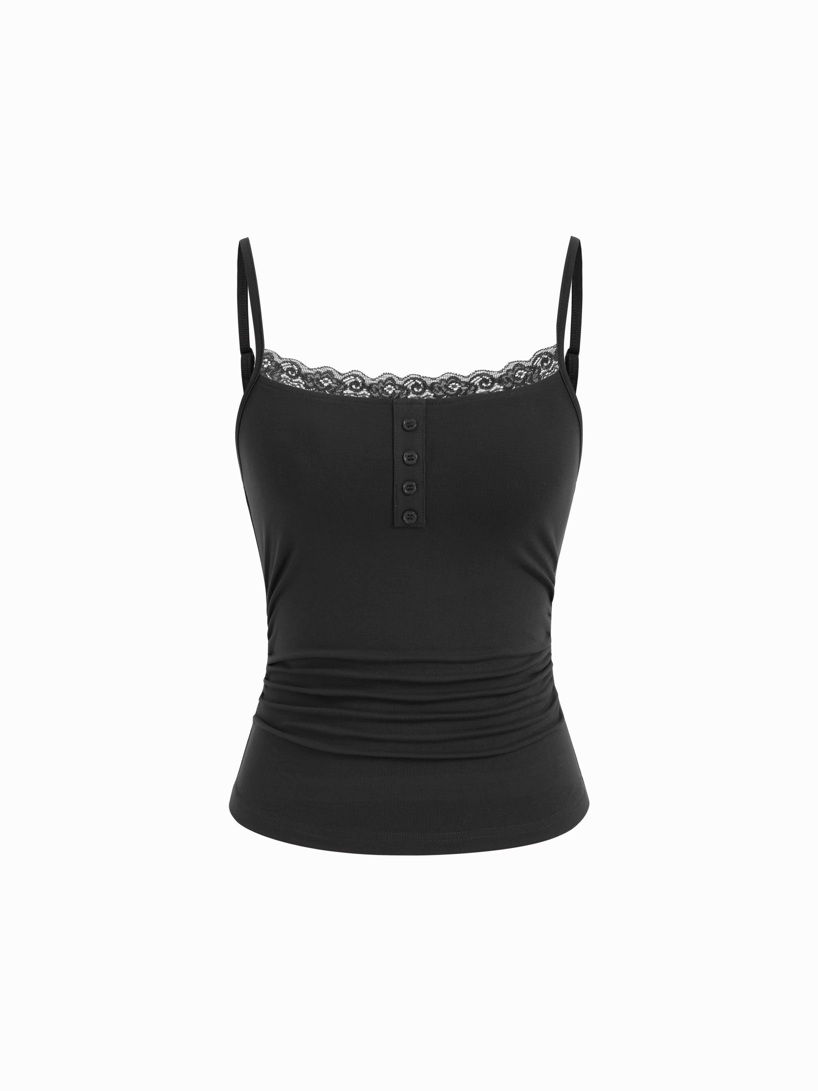Lace Panel Ruched Henley Cami Top by CIDER