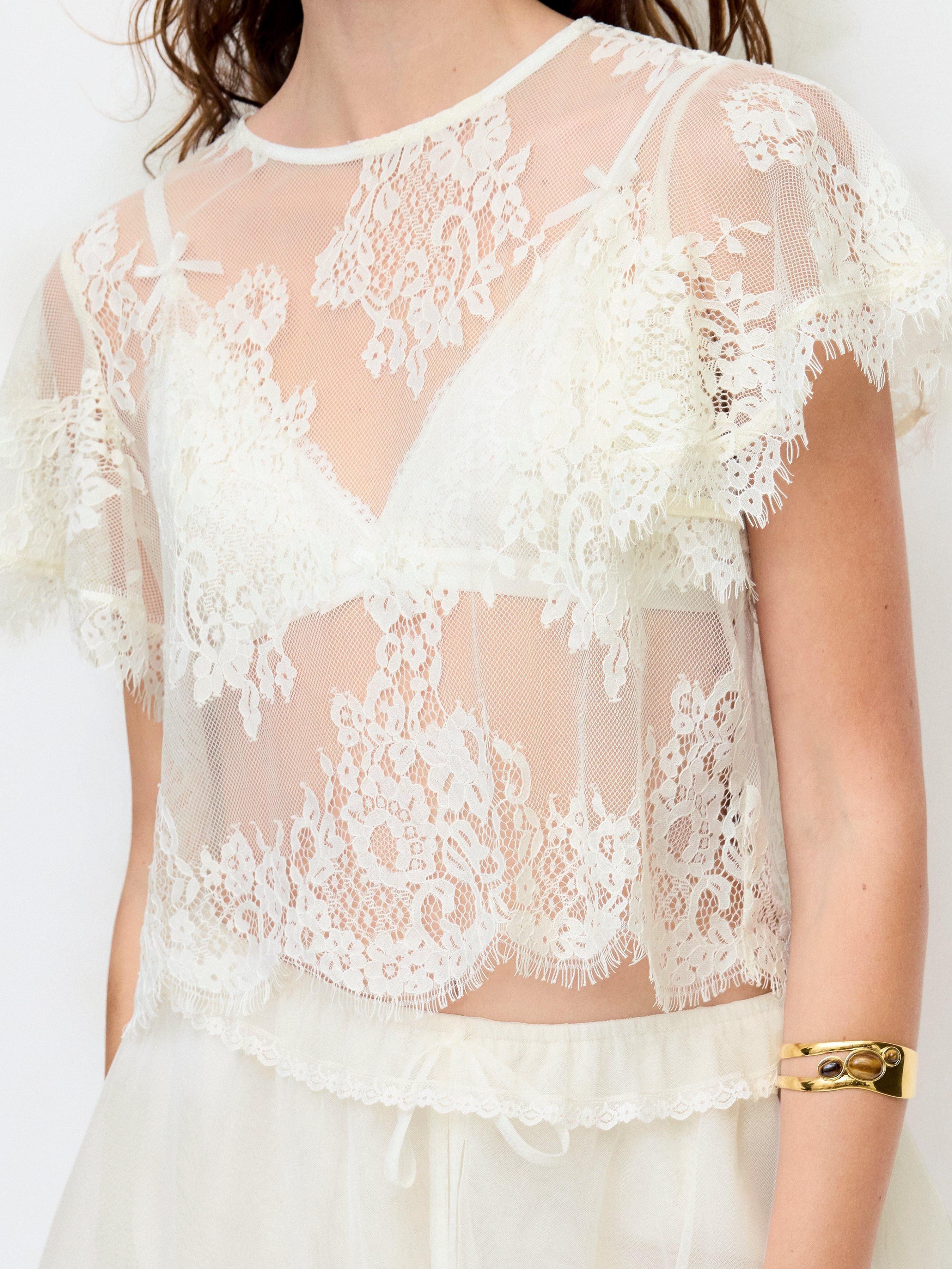 Lace Round Neck Ruffle Sleeve Short Sleeve Sheer Top by CIDER