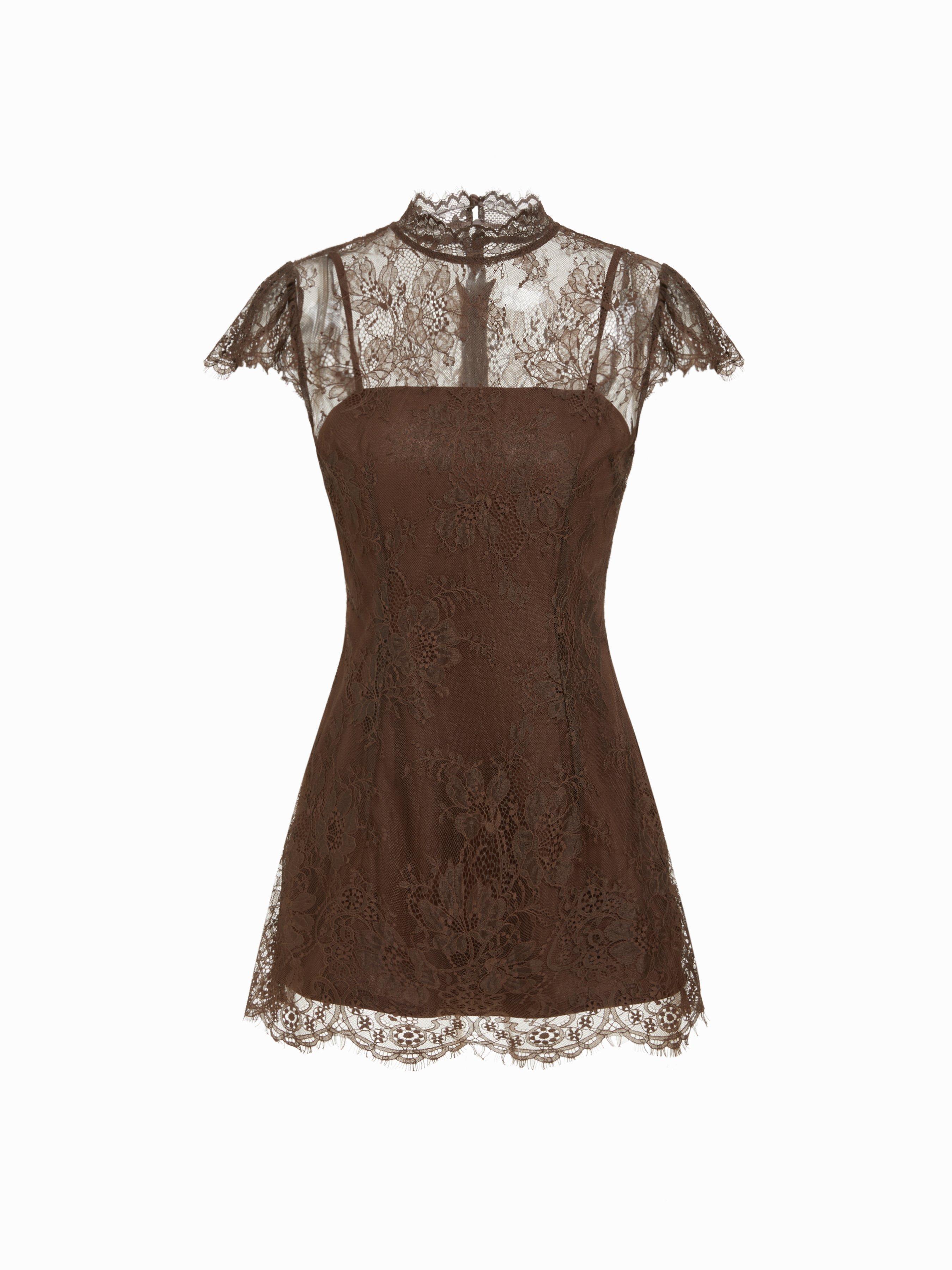 Lace Round Neckline A-line Mini Dress by CIDER