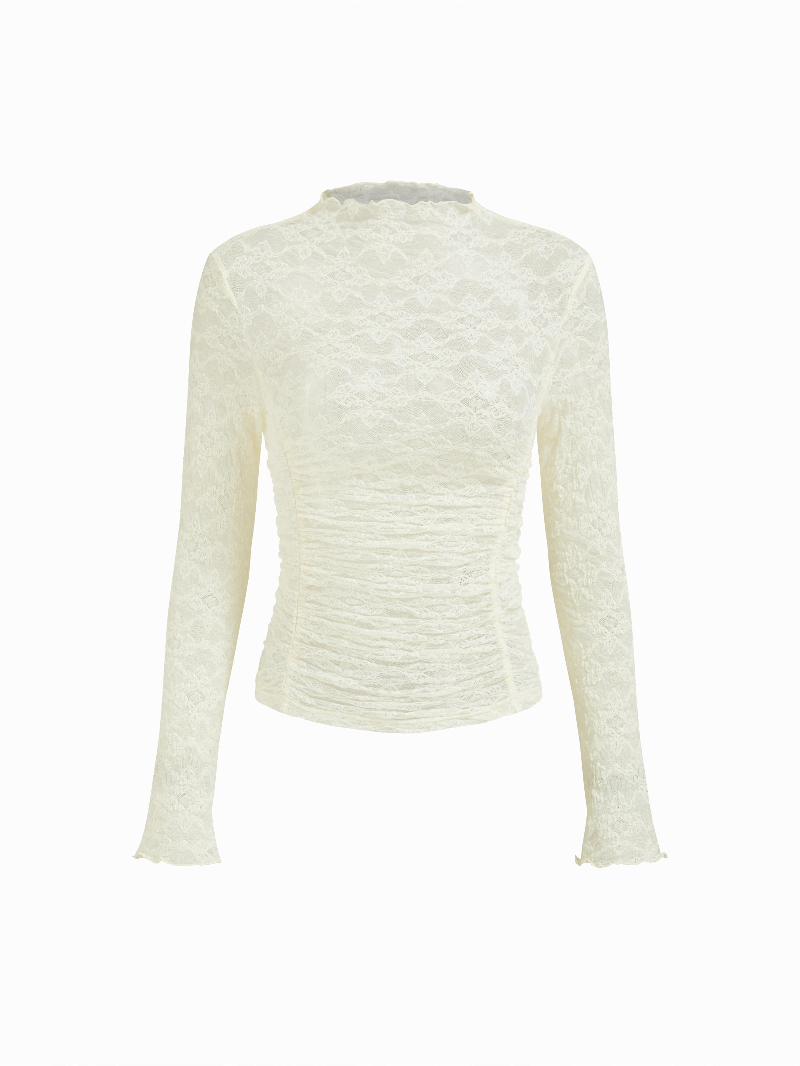 Lace Round Neckline Long Sleeve Ruched Lettuce Trim See-through Top by CIDER