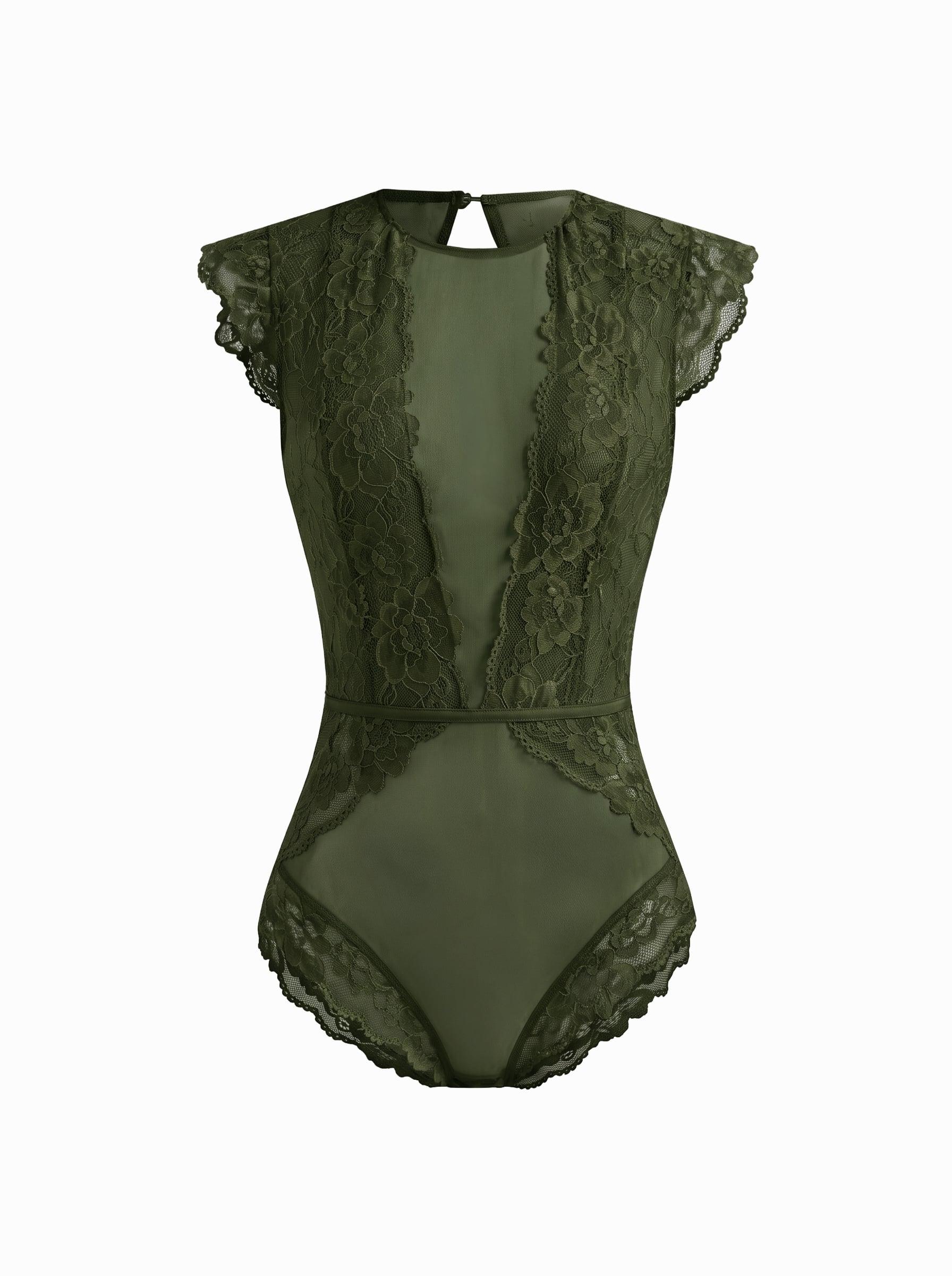 Lace Round Neckline Solid Cut Out See-through Bodysuit by CIDER