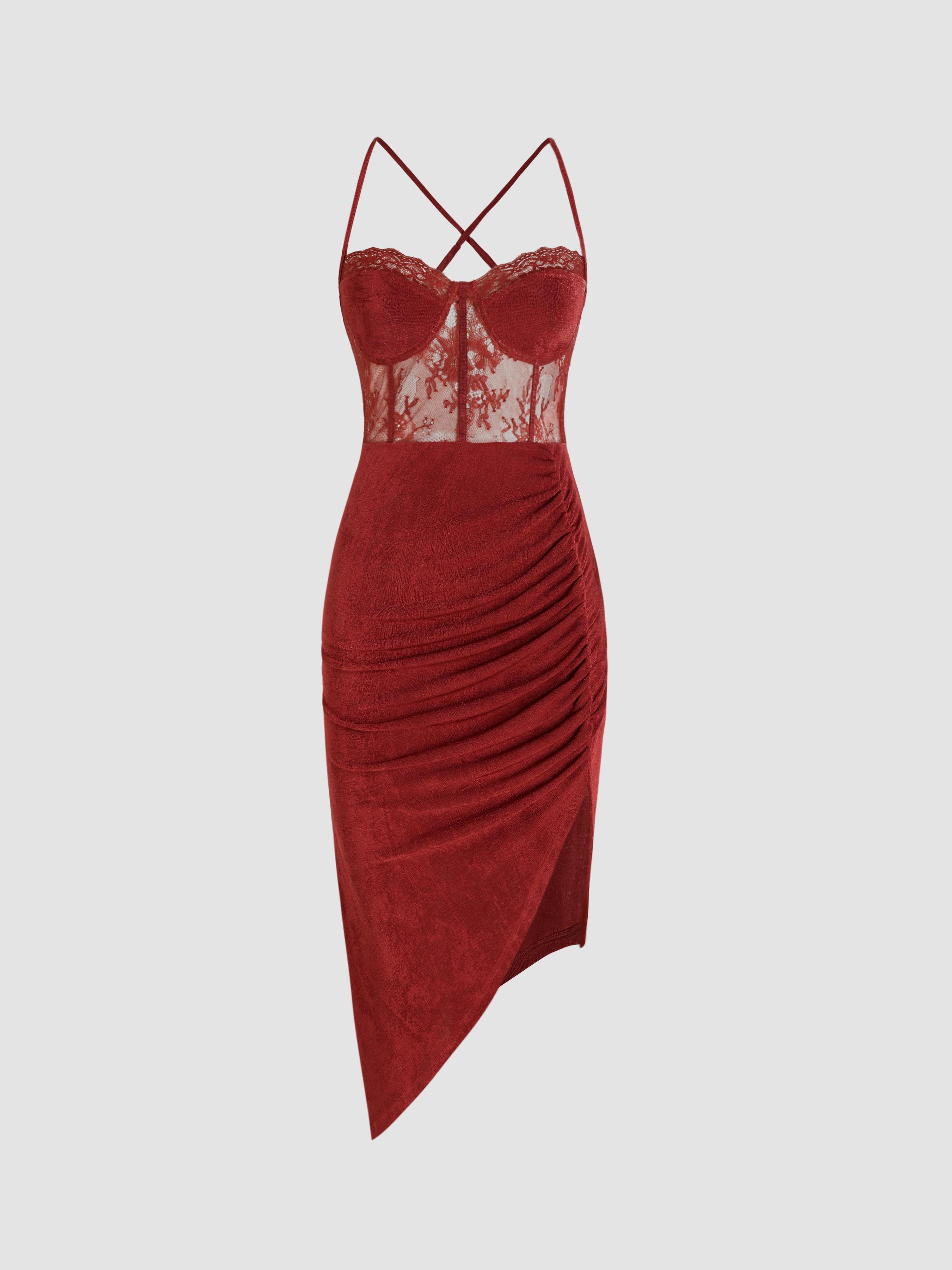 Lace Ruched Split Cami Midi Dress by CIDER