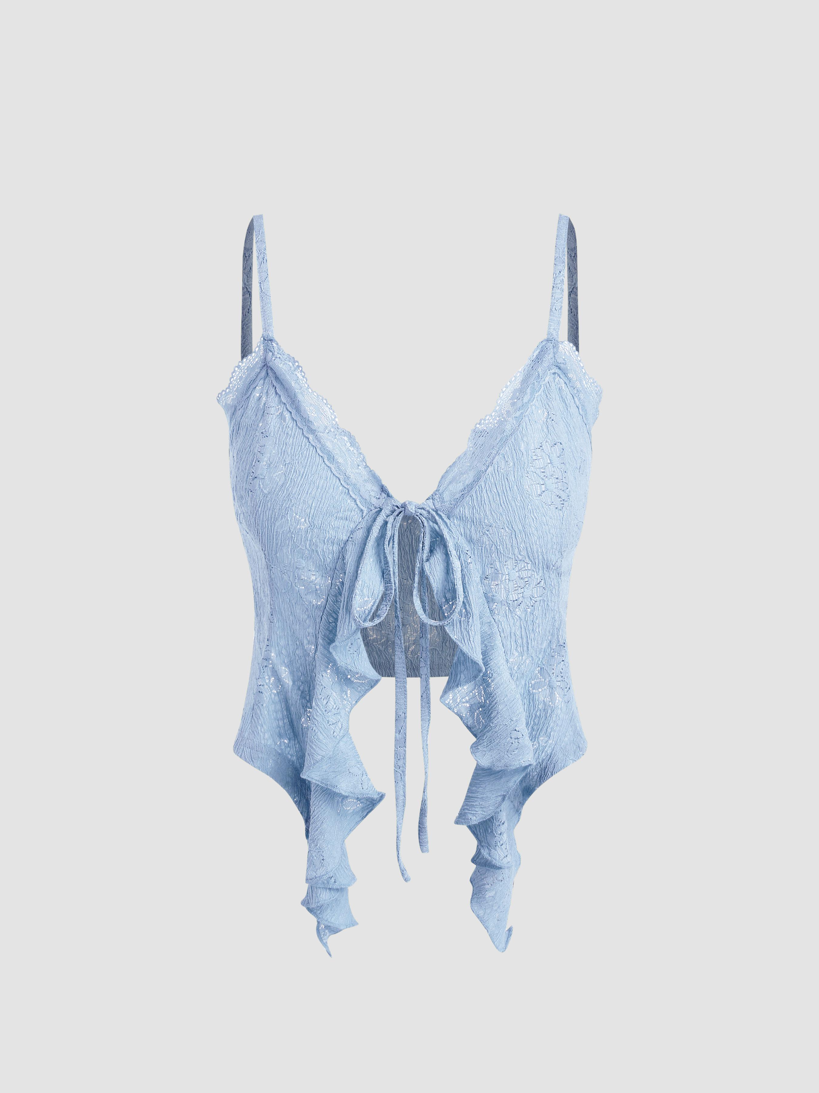 Lace Ruffle Hem Knotted Knit Crop Top by CIDER