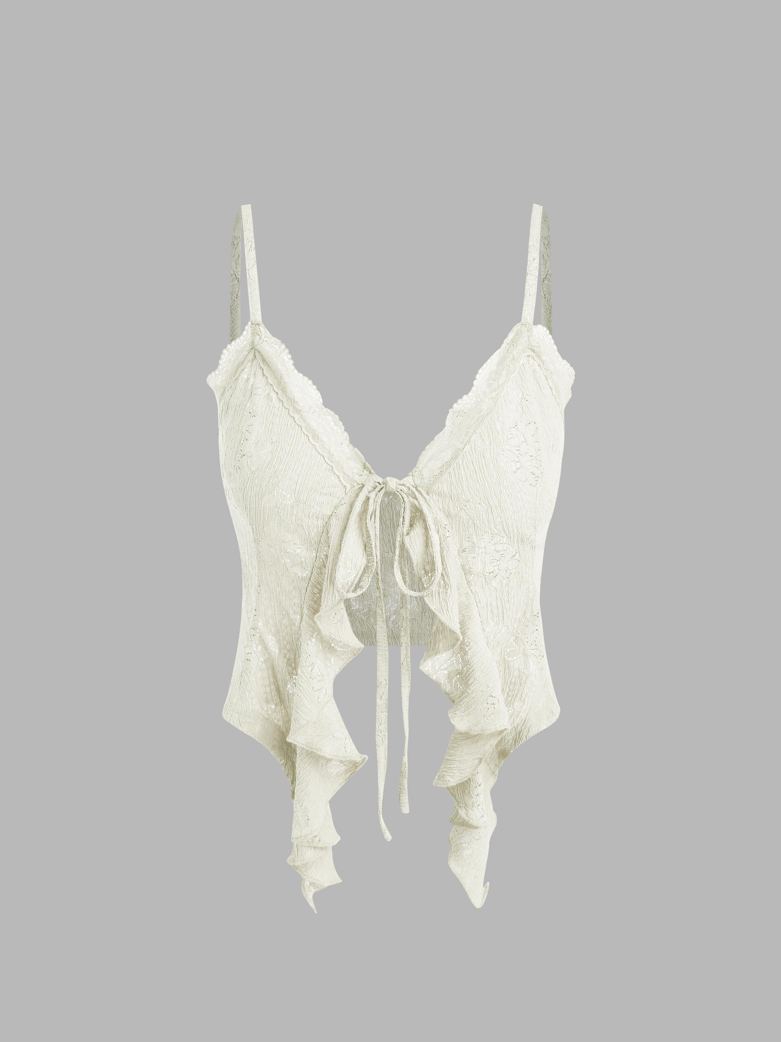 Lace Ruffle Hem Knotted Knit Crop Top by CIDER