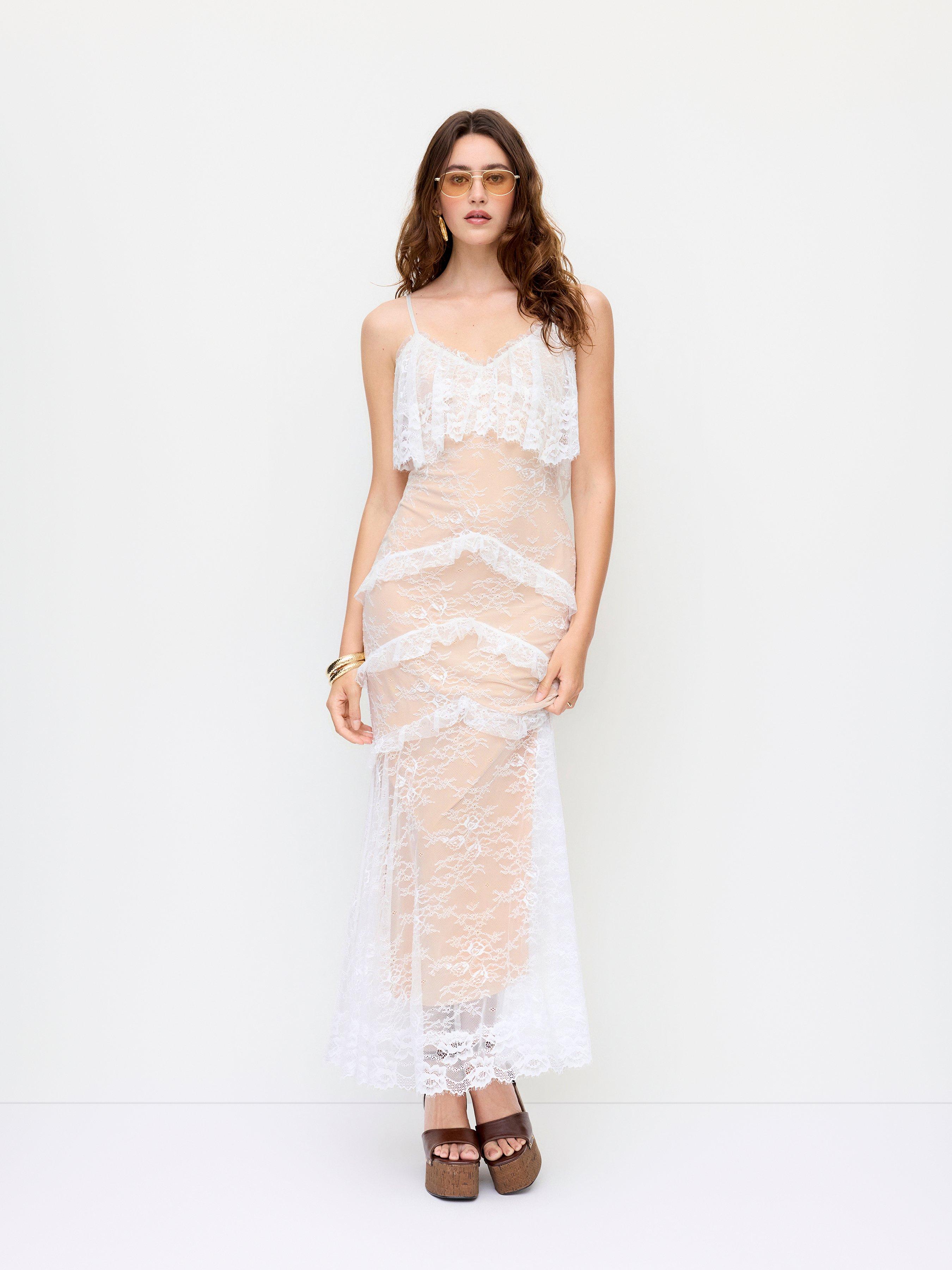 Lace Ruffle Panel Slim Mermaid Cami Maxi Dress by CIDER