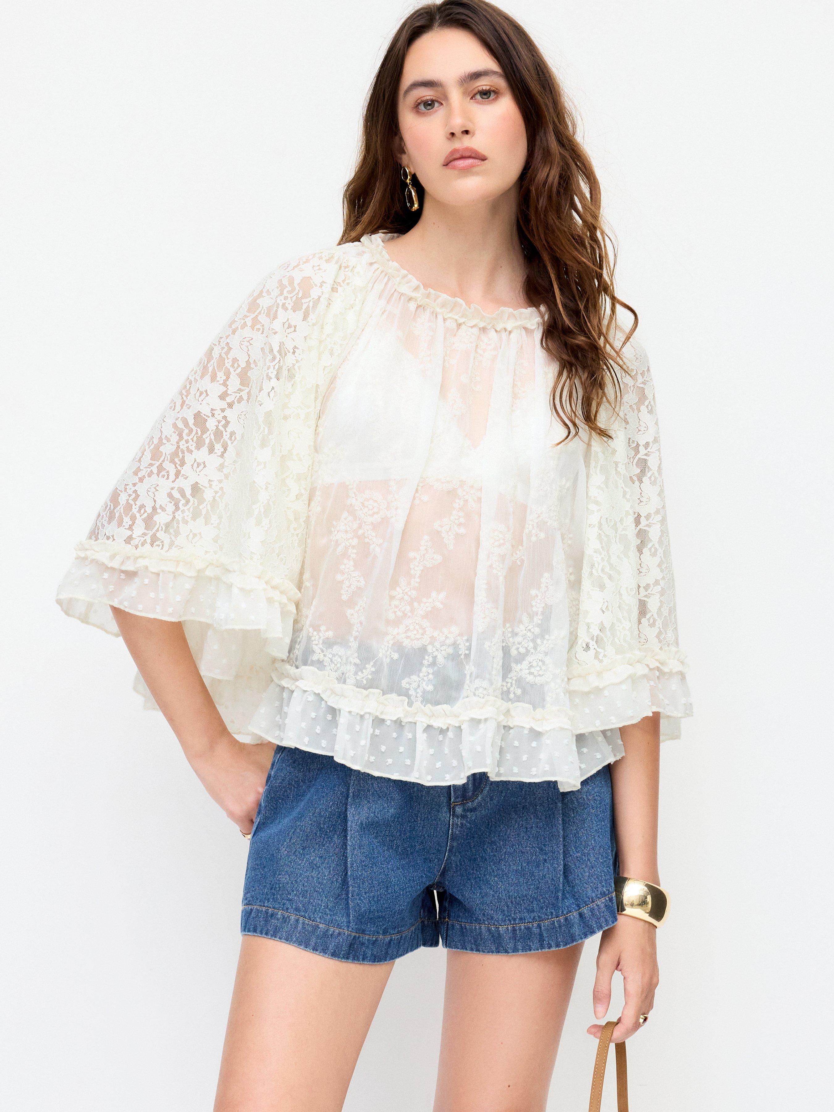 Lace Ruffled Round Neck Middle Sleeve Blouse by CIDER